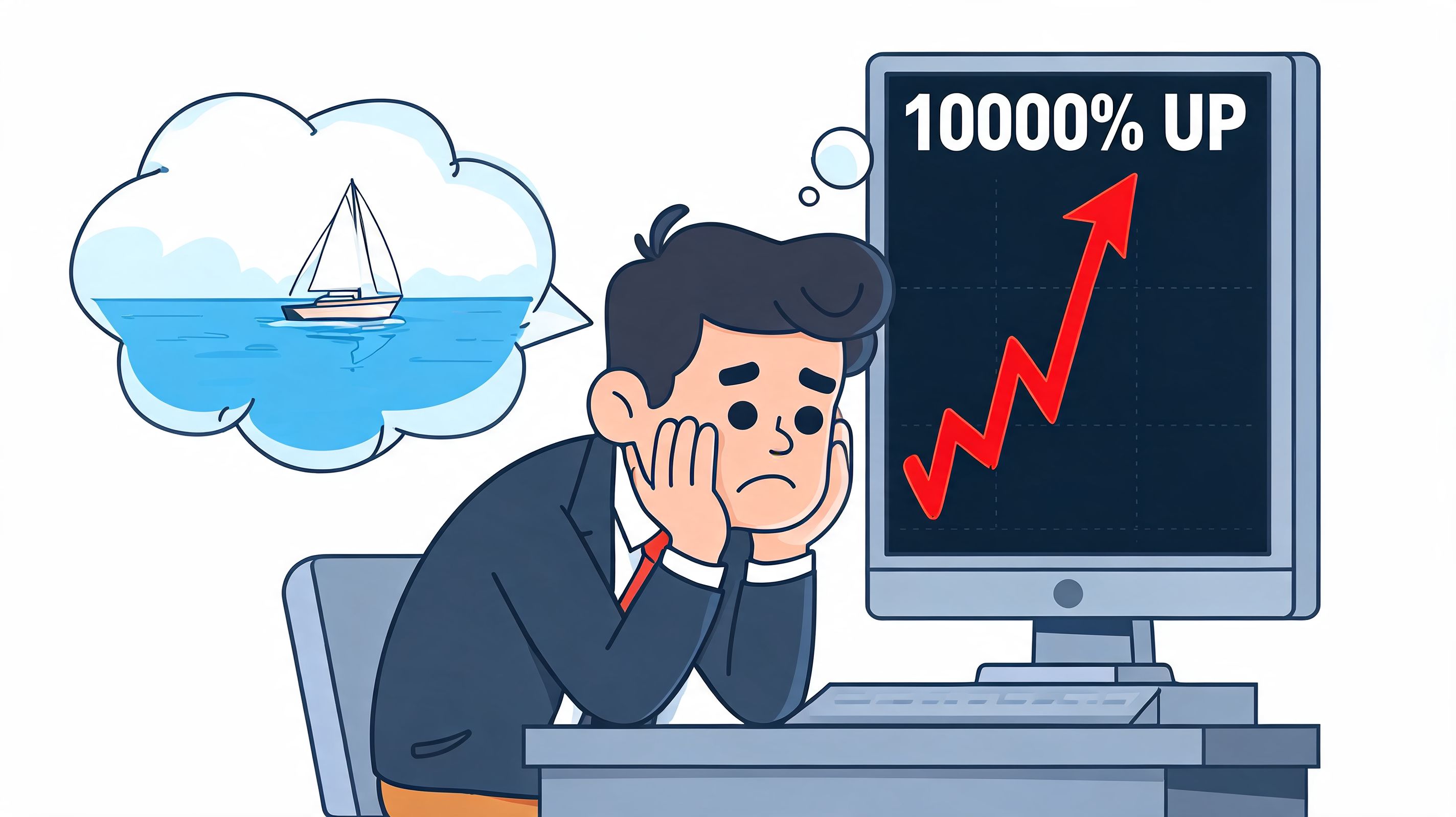 A sad businessman looking at a computer screen showing a massive stock market growth chart.