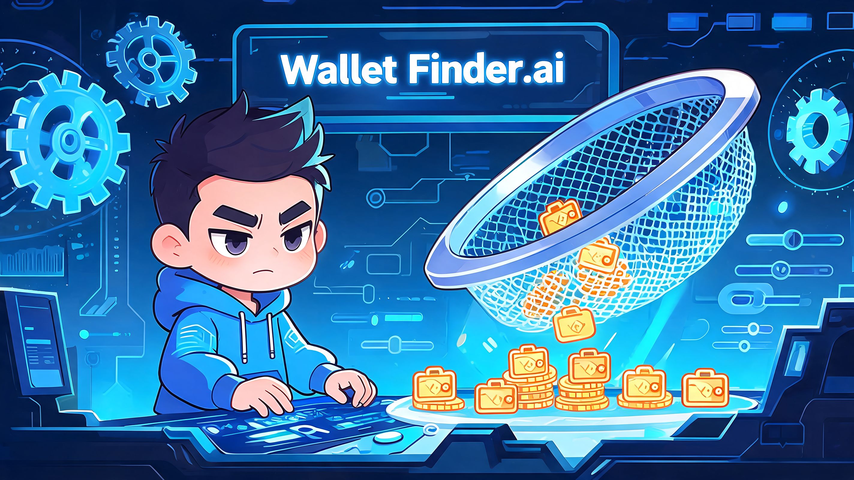A digital cartoon character using a net to collect glowing wallet icons in a futuristic computer interface.