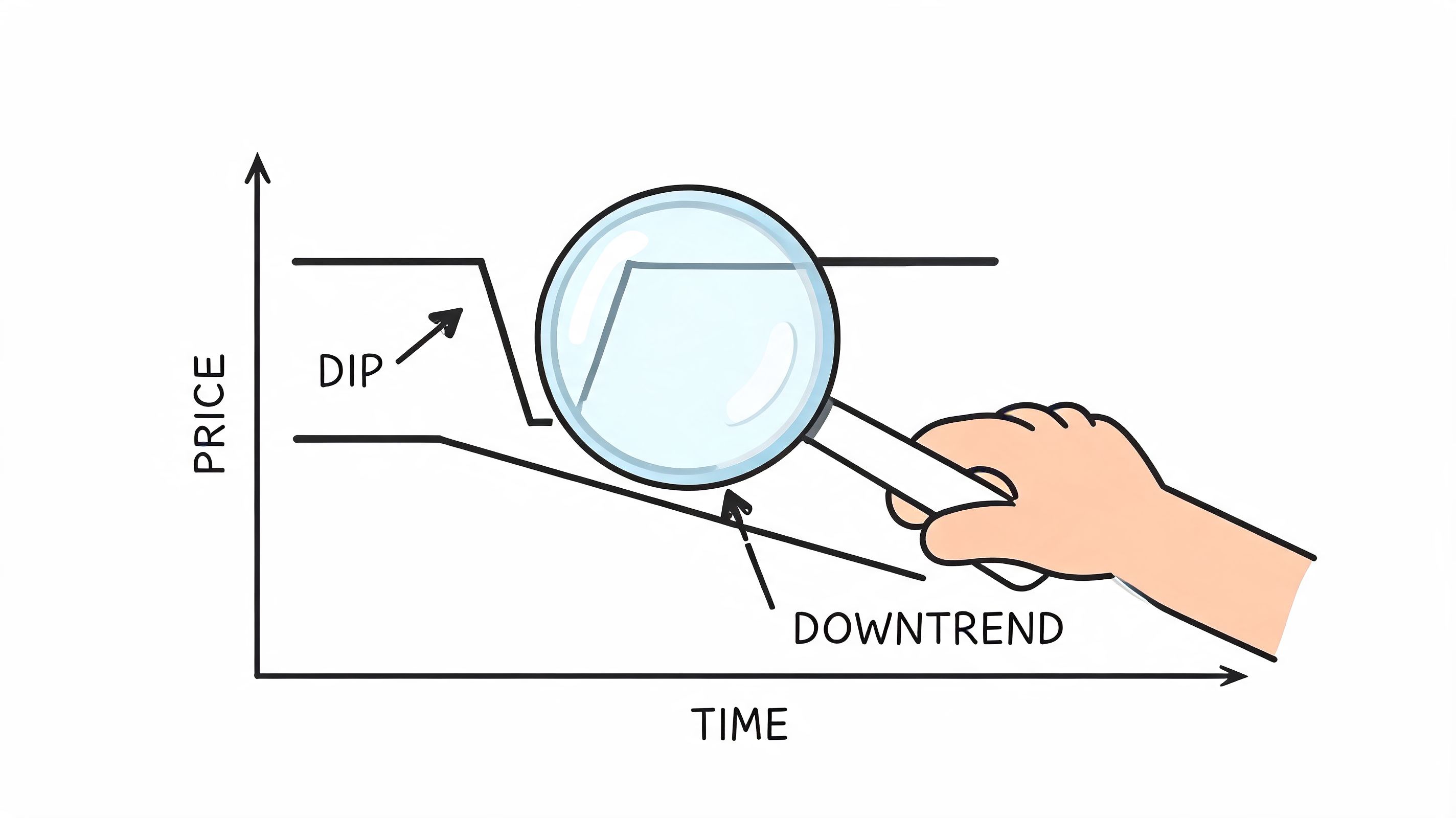 A hand holds a magnifying glass over a stock market chart showing a dip and downtrend.