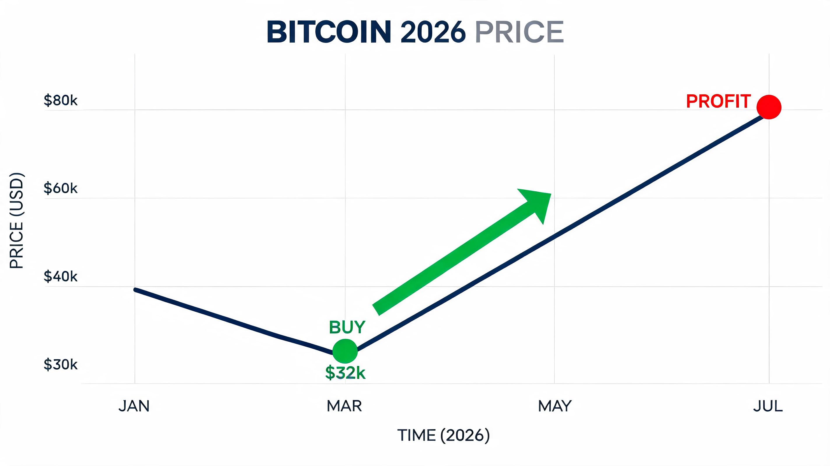 A line chart showing a Bitcoin price dip in March followed by a steady upward trend.