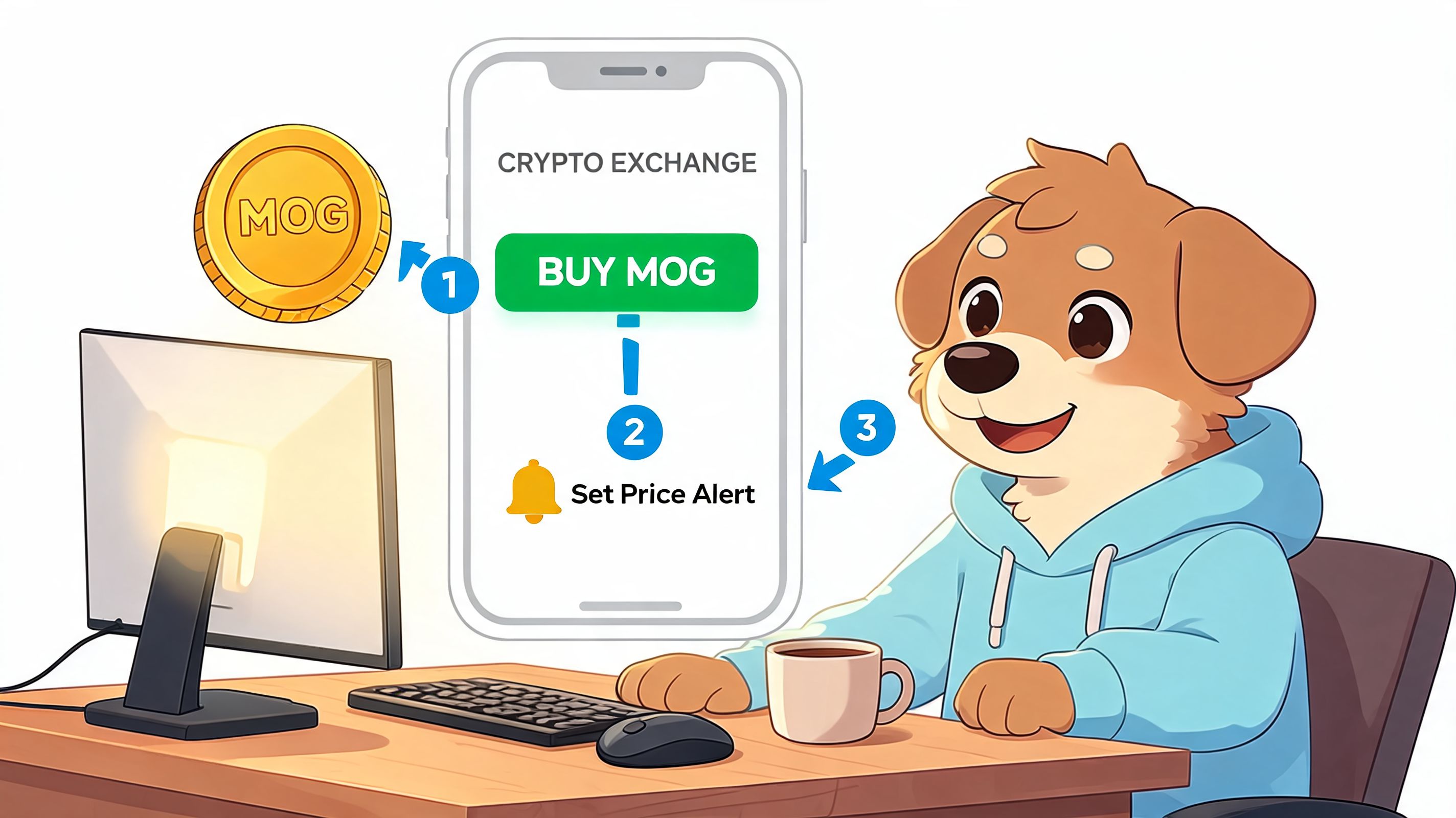 A cartoon dog character sitting at a desk interacting with a smartphone screen showing crypto trading options.