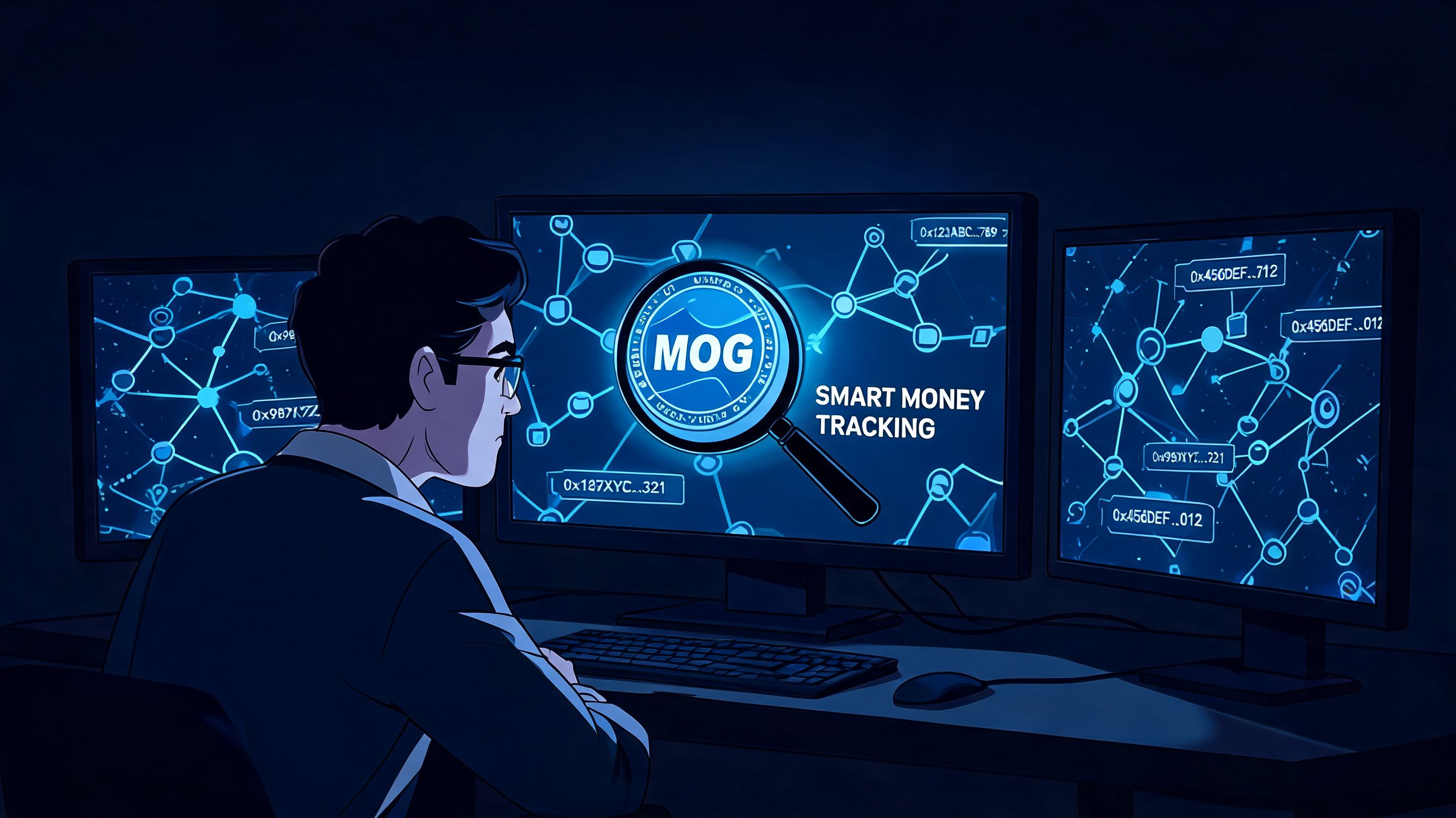 A professional analyzing MOG crypto trading charts and smart money flows on multiple computer screens in darkness.