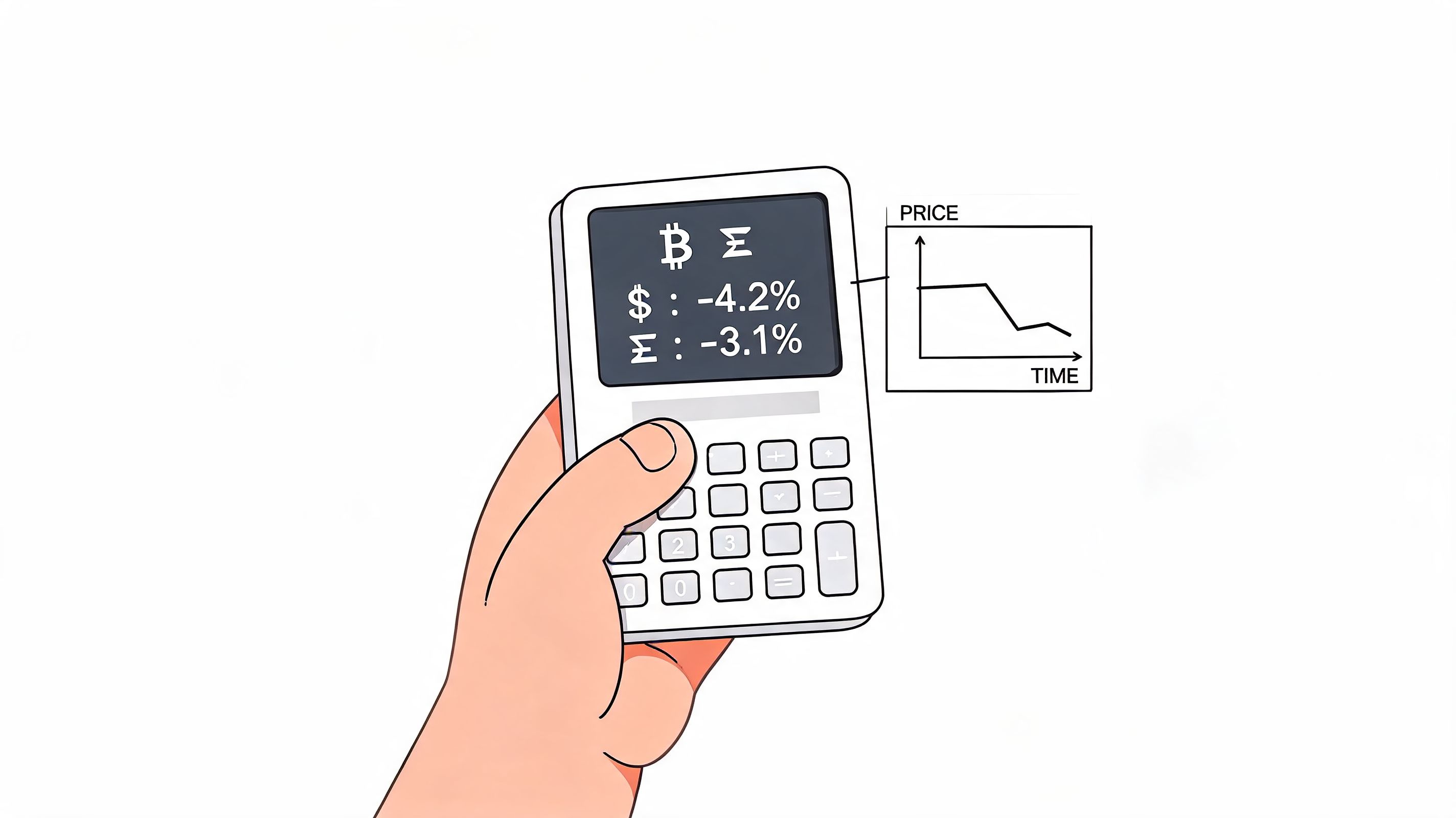 A hand holding a calculator displaying cryptocurrency price drops and a declining market trend line graph.