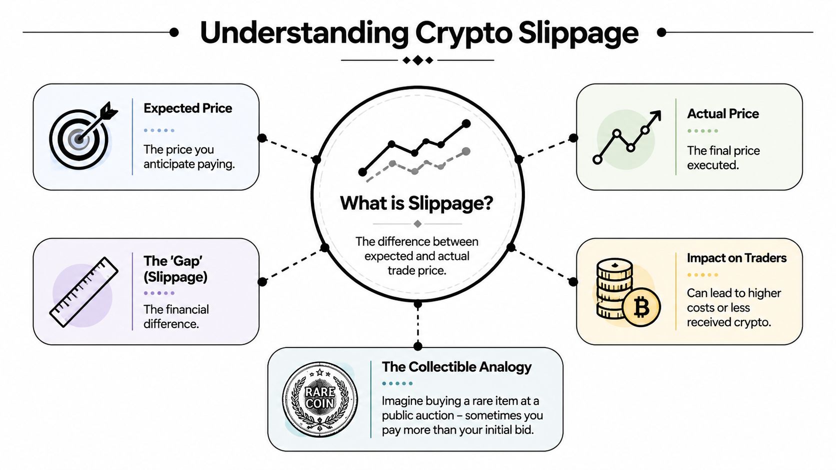 An infographic explaining crypto slippage as the difference between expected trade price and actual execution price.
