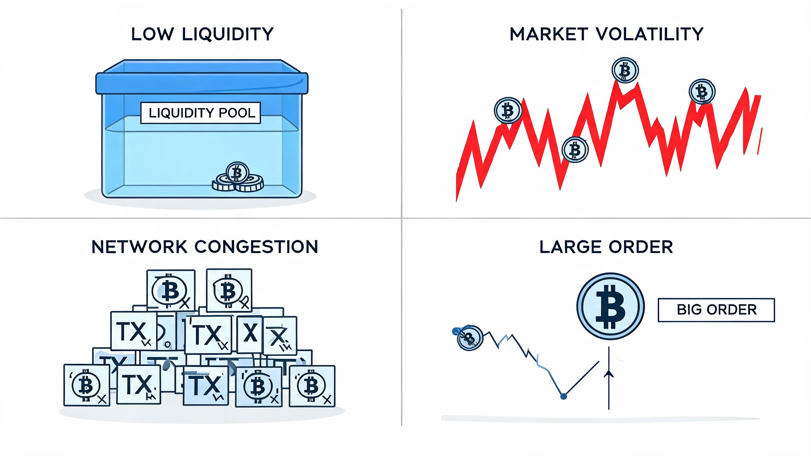 Infographic illustrating the four main causes of slippage in cryptocurrency trading: liquidity, volatility, congestion, and order size.