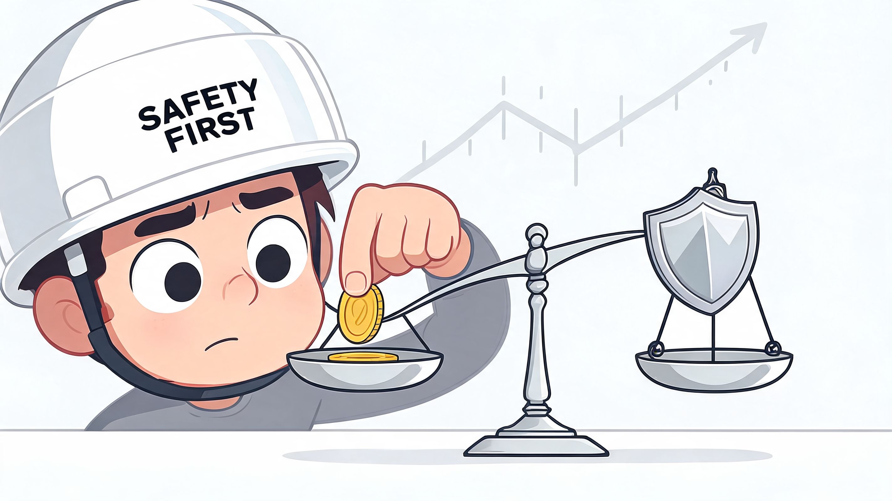 A cartoon worker wearing a safety helmet balances coins on a scale against a protective shield icon.