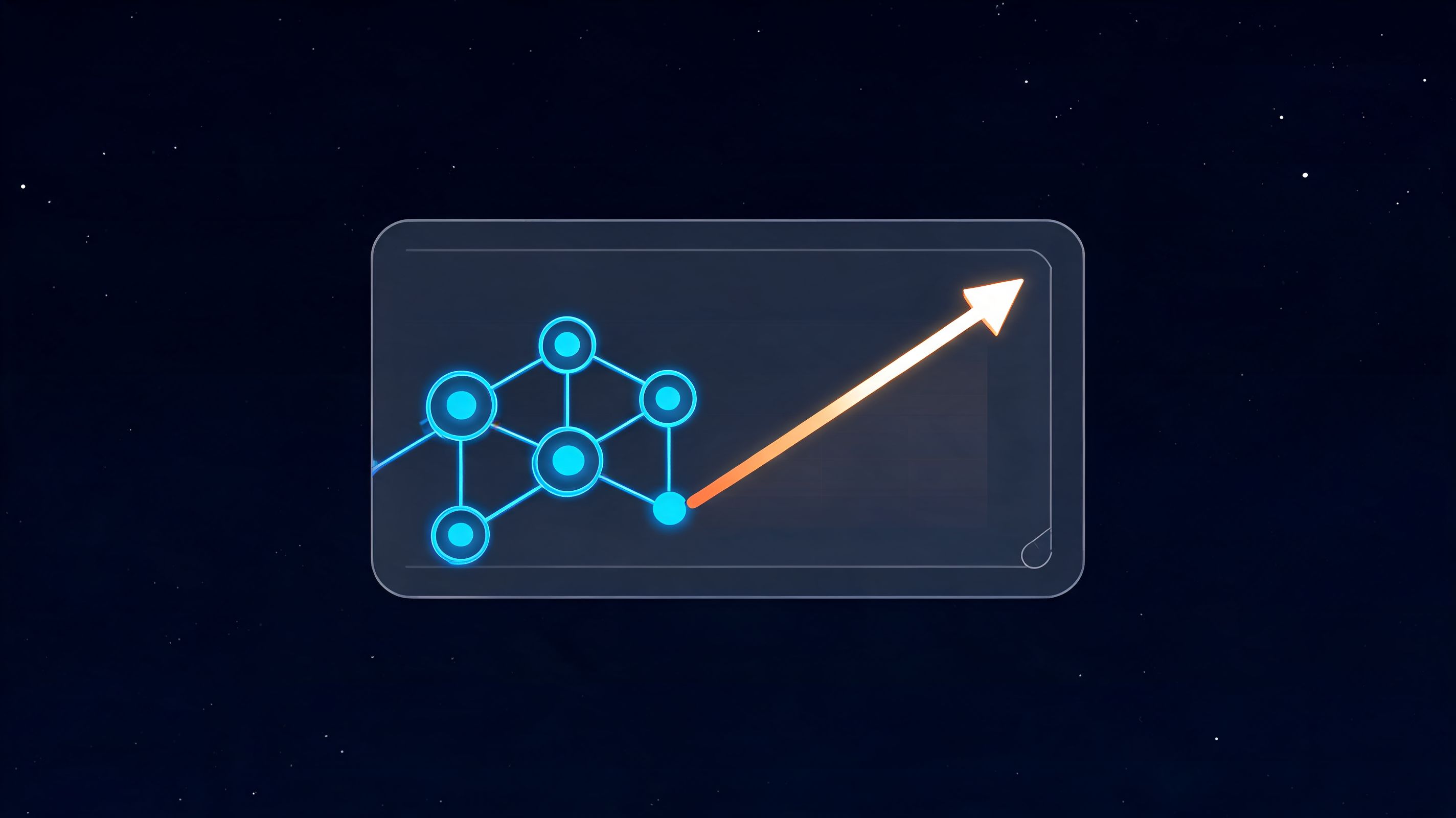 A glowing network diagram transitioning into an upward-pointing arrow on a dark, starry background.