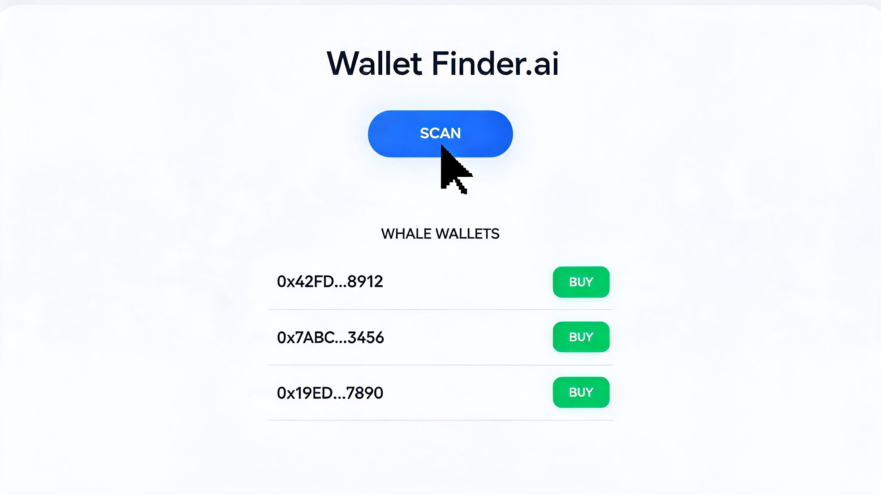 A digital interface titled Wallet Finder.ai featuring a scan button and a list of crypto whale wallets.