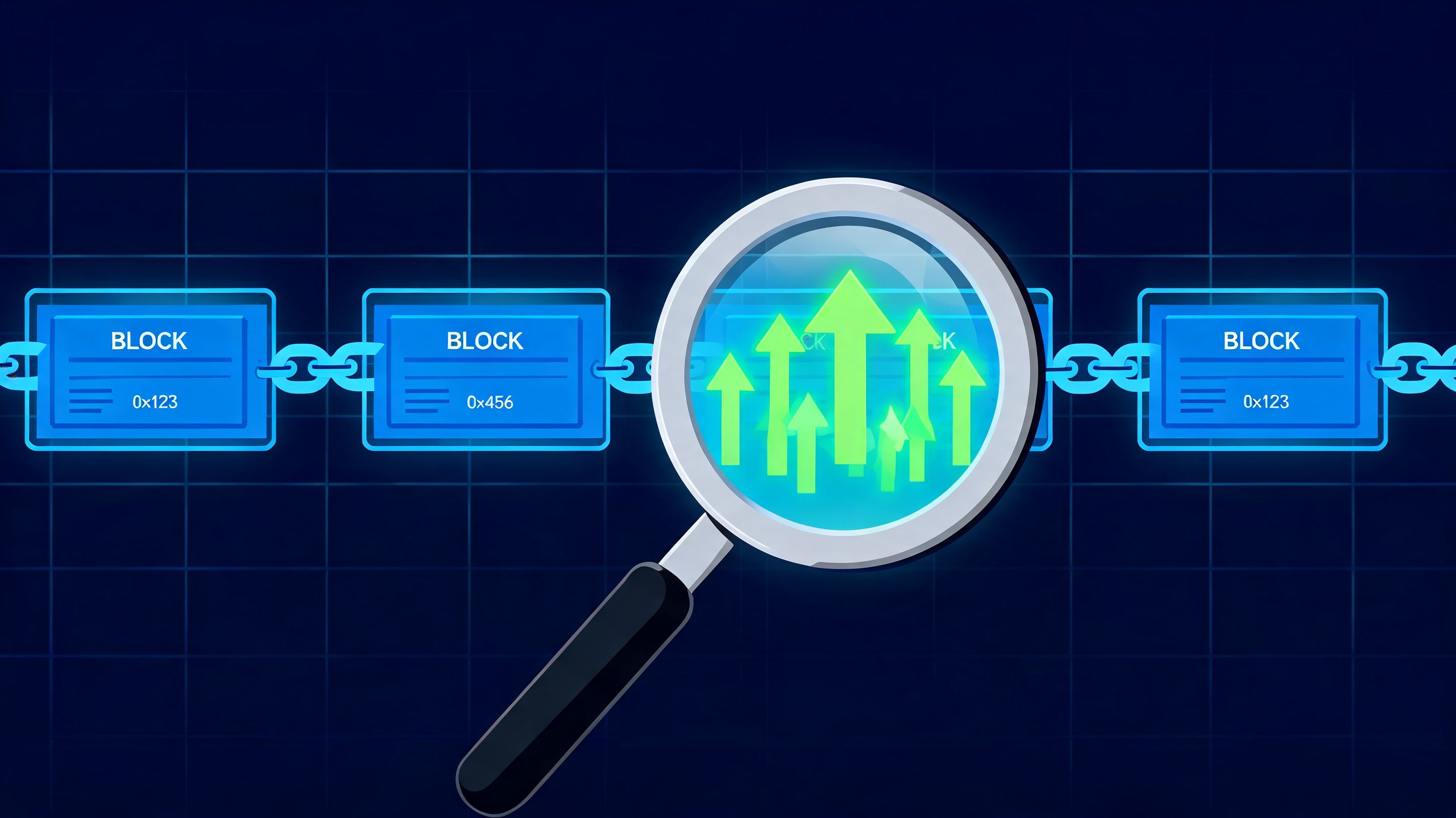 A magnifying glass inspecting glowing green upward arrows over a digital blockchain link of blocks.