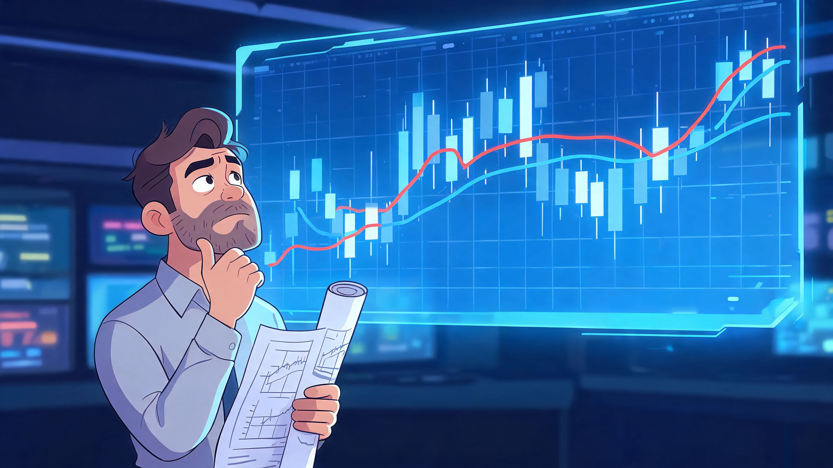 A professional analyst thoughtfully studying a holographic financial trading chart displaying candlestick patterns and trend lines.