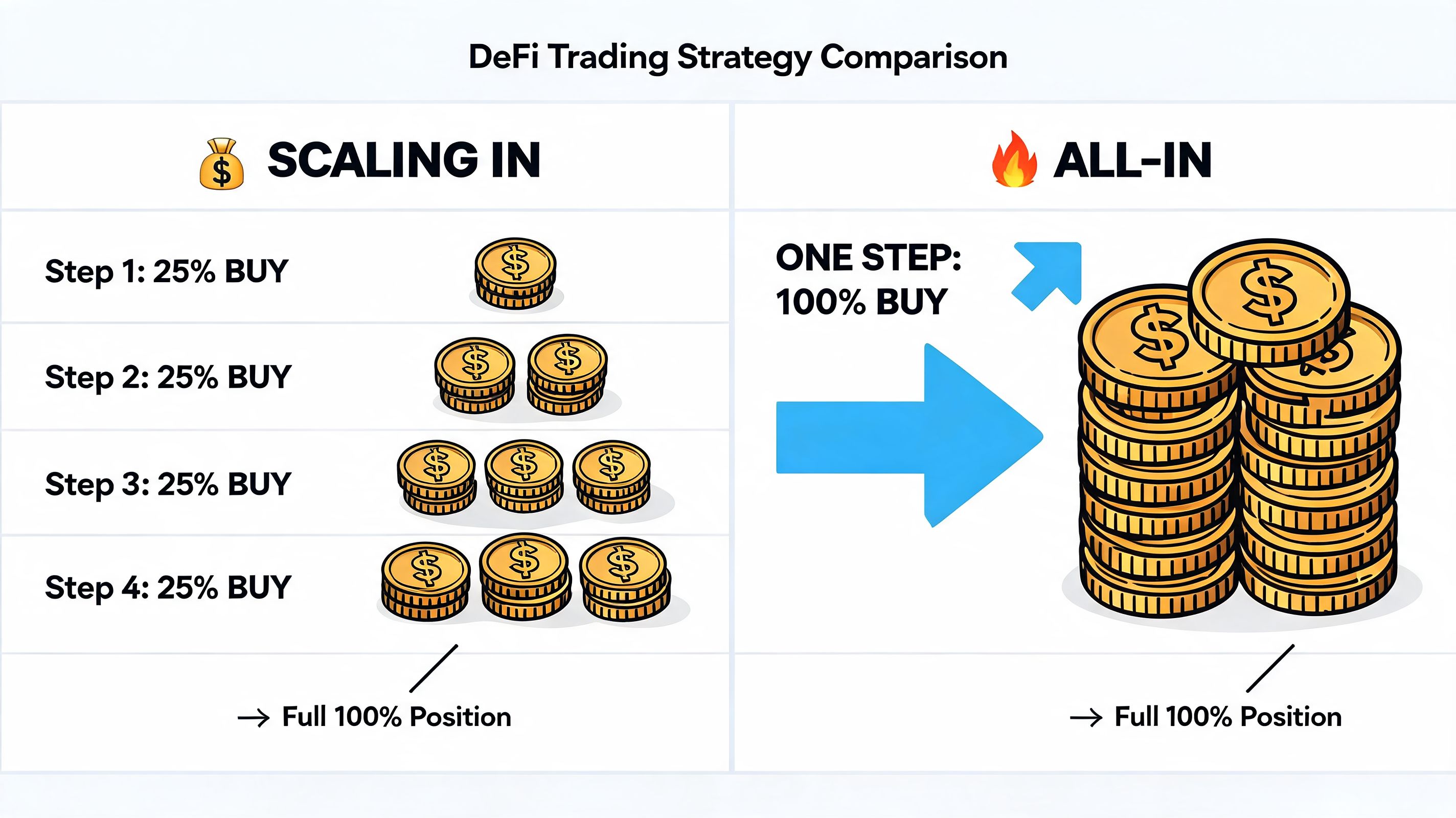 A comparison chart showing Scaling In versus All-In DeFi trading strategies for position management.