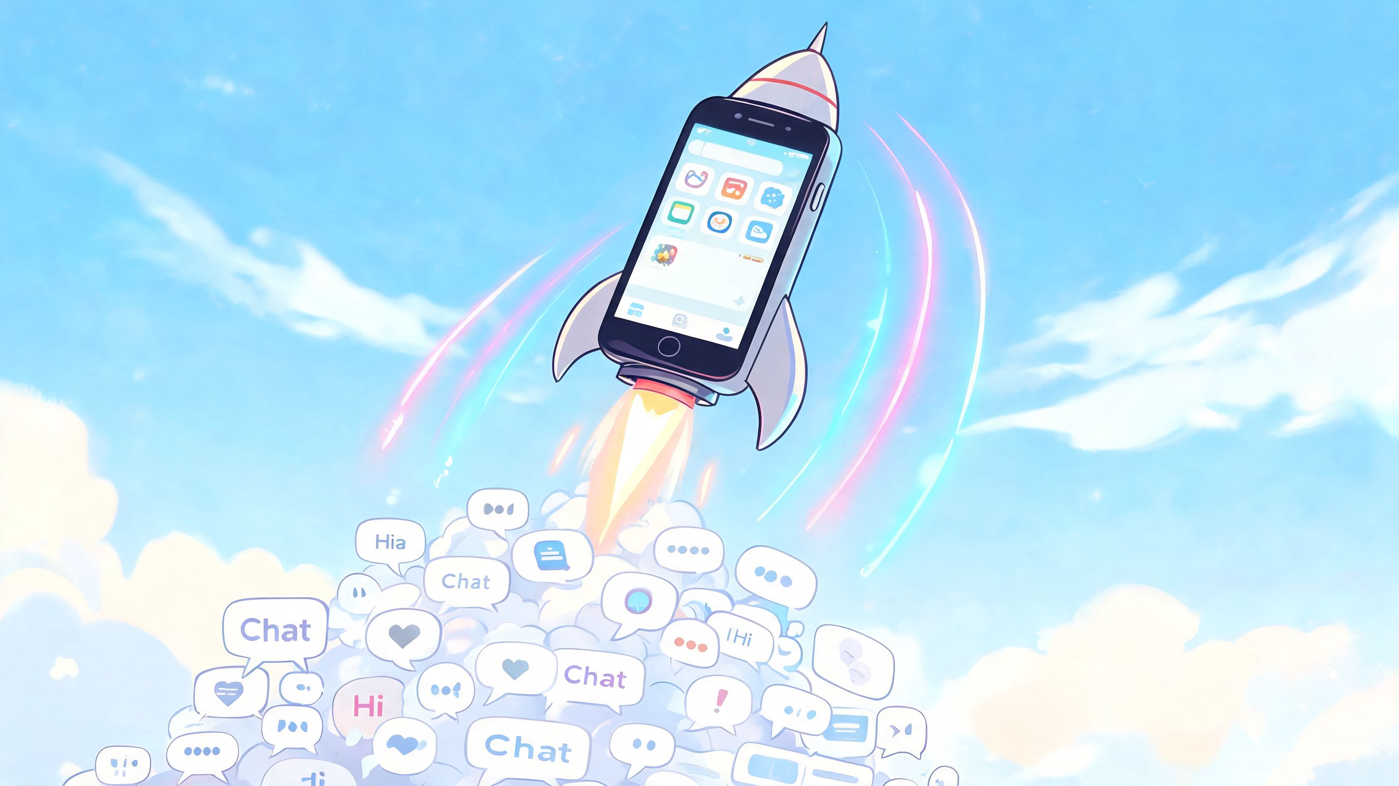 A smartphone shaped like a rocket ship taking off amidst a cloud of floating chat bubble icons.