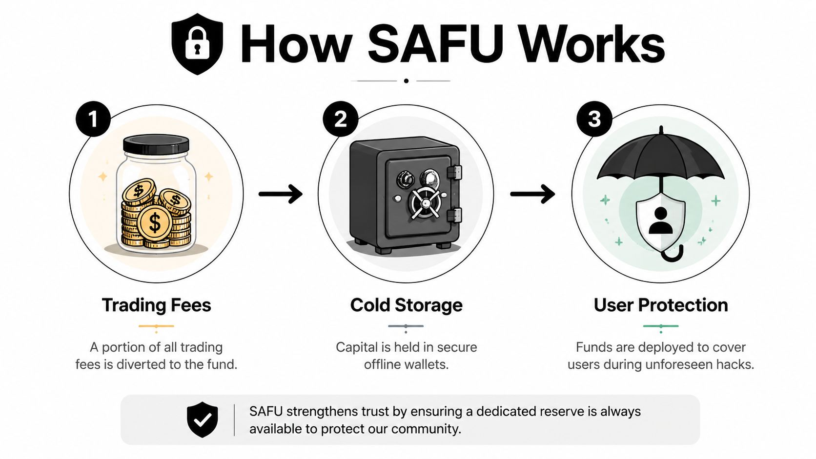 A three-step infographic showing how the SAFU fund works using trading fees, cold storage, and user protection.