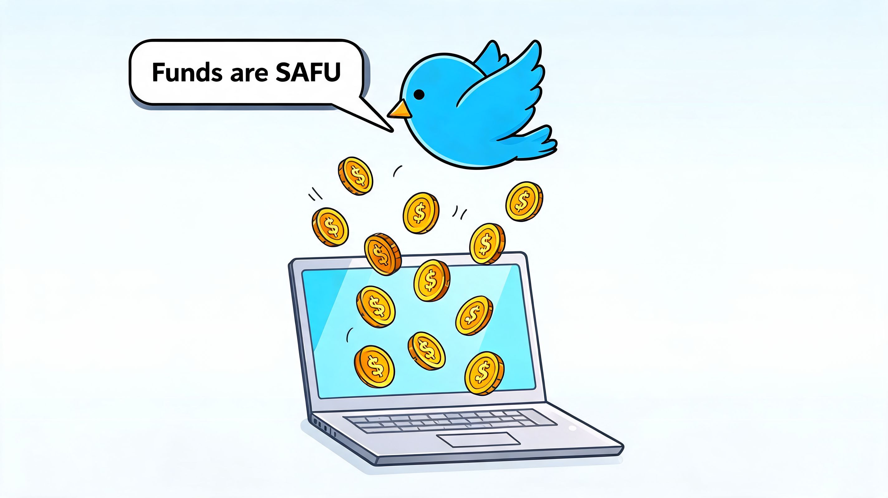 A cartoon blue bird speaking about financial safety above a laptop with floating gold dollar coins.