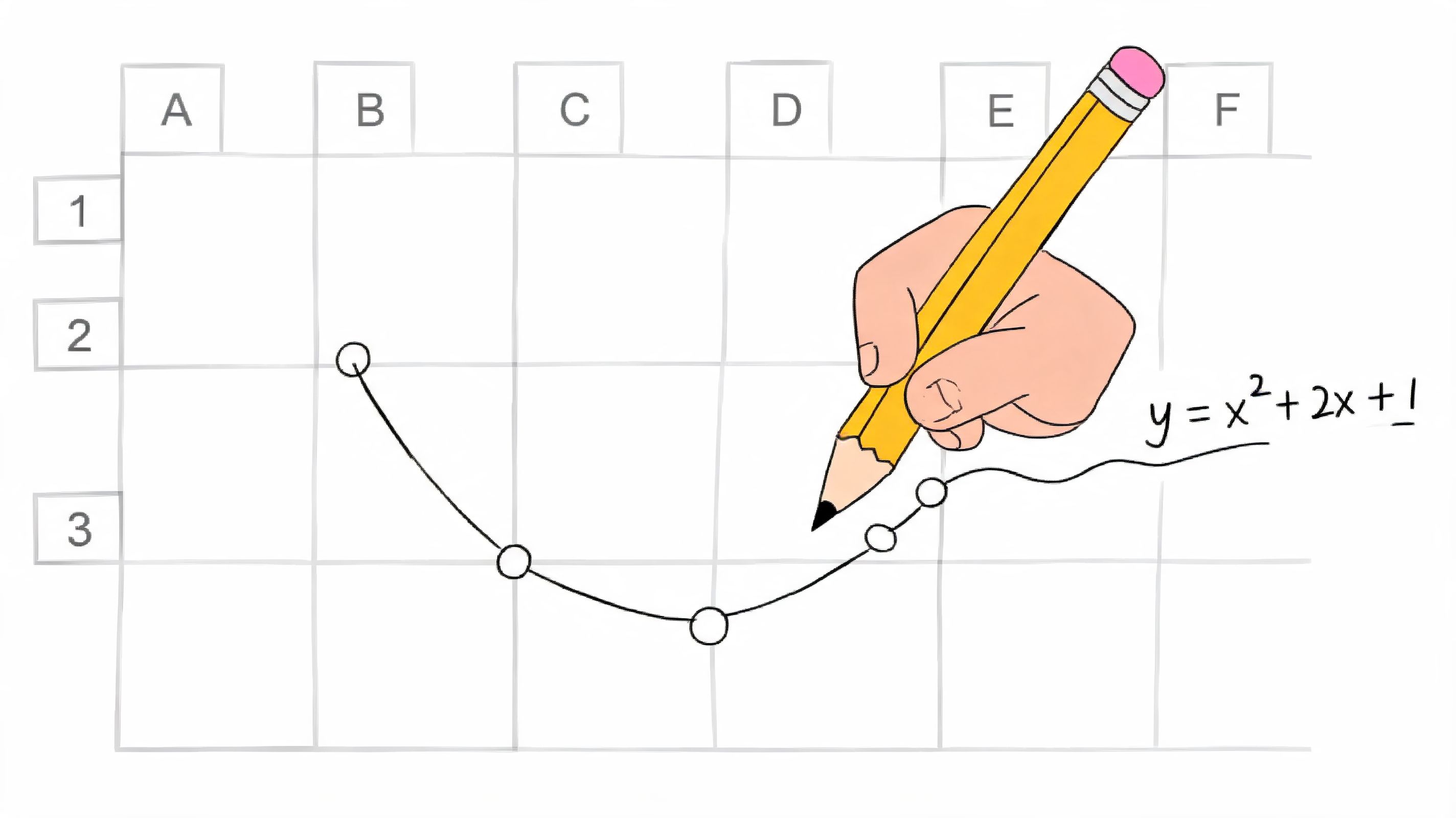 A hand holds a pencil drawing a parabolic curve on a grid with a math equation.