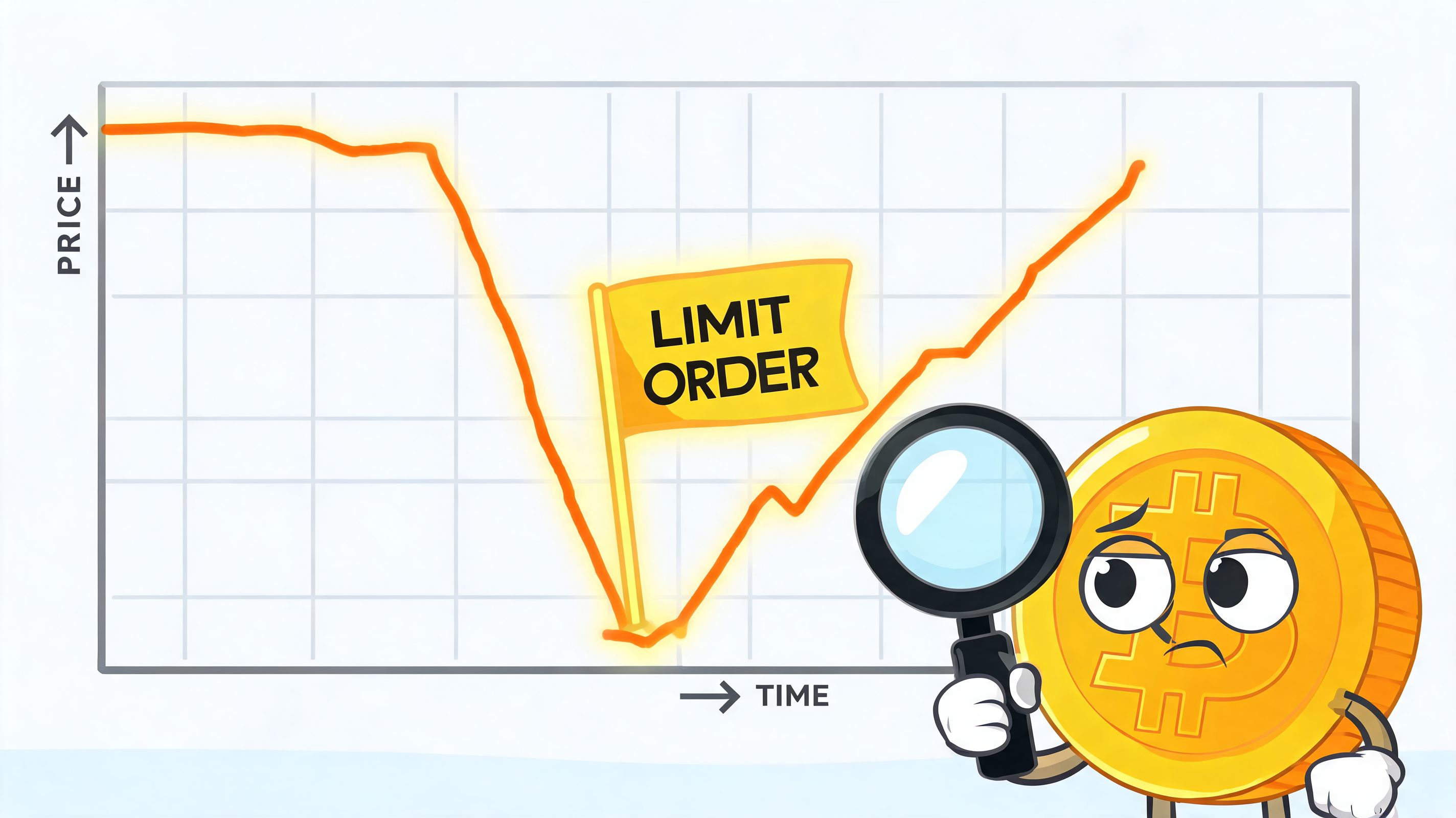 A cartoon Bitcoin character with a magnifying glass examining a market chart marked by a limit order flag.