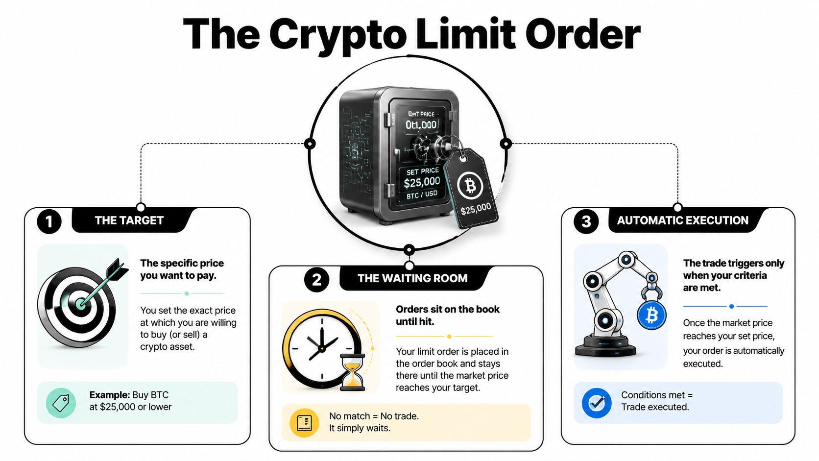 An infographic explaining how a crypto limit order works with three steps including target price, waiting room, and execution.