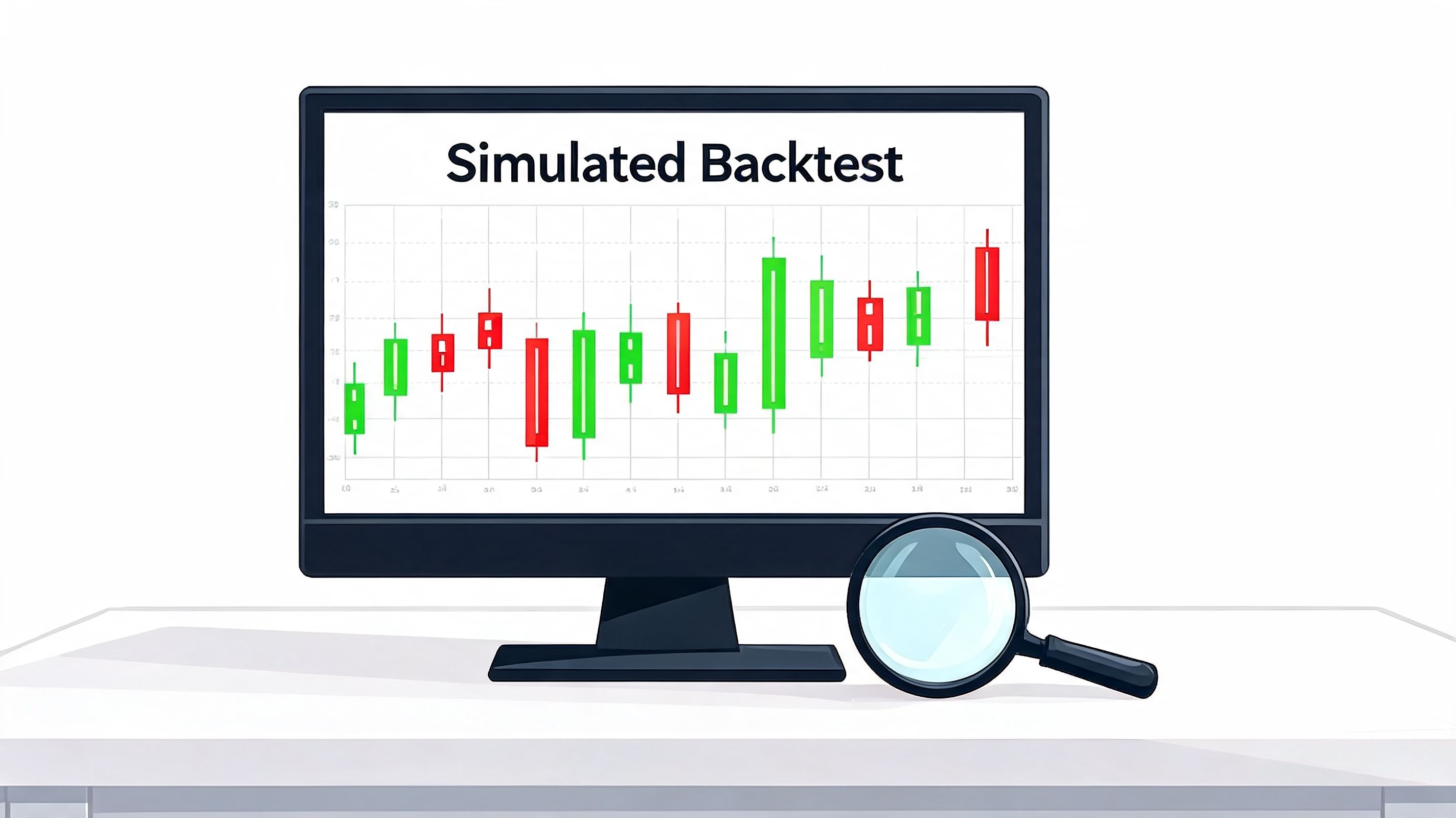 A computer monitor displaying a simulated backtest stock market candlestick chart with a magnifying glass nearby.
