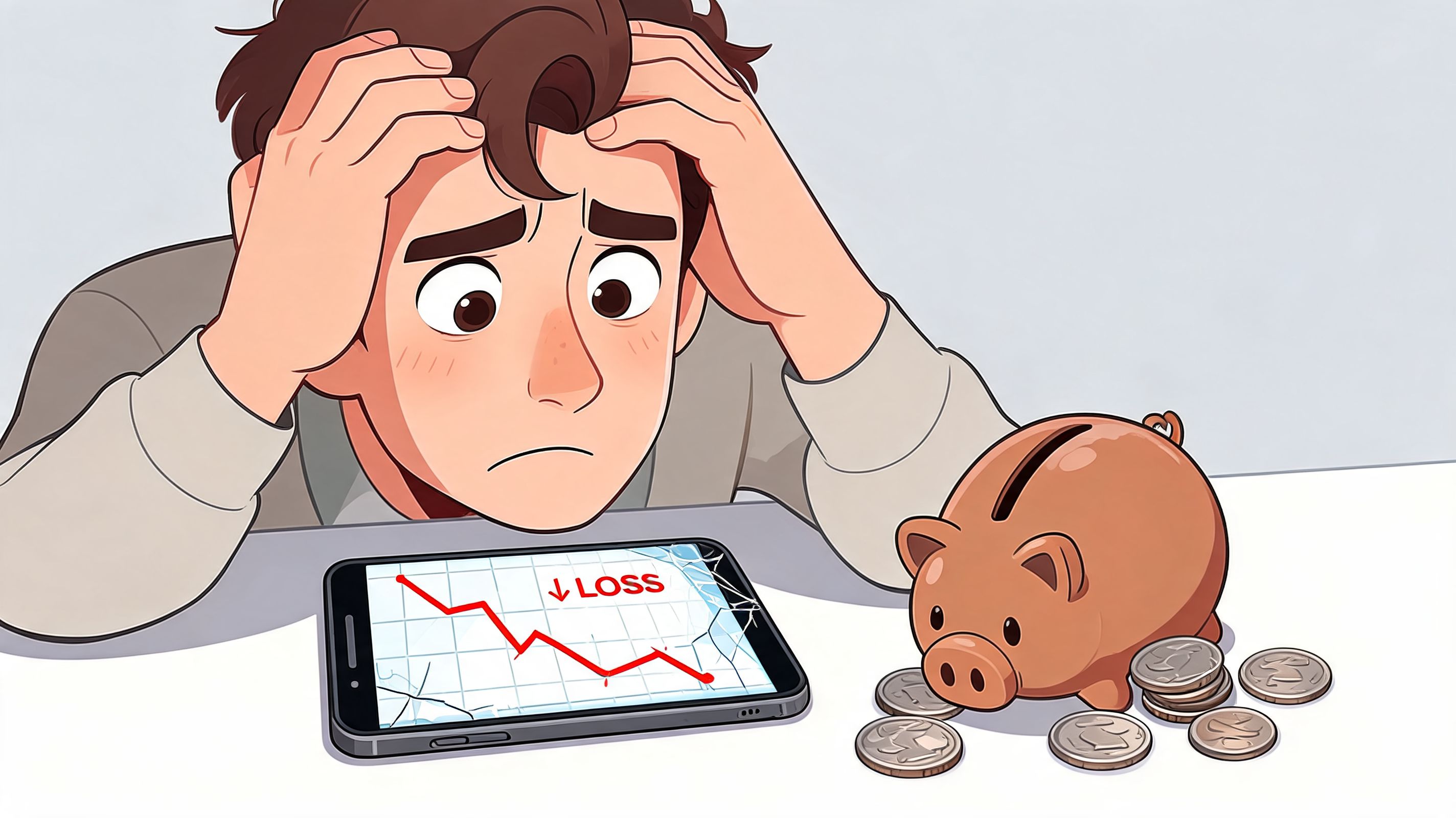 A distressed person looking at a smartphone screen showing a red downward trend line indicating financial loss.