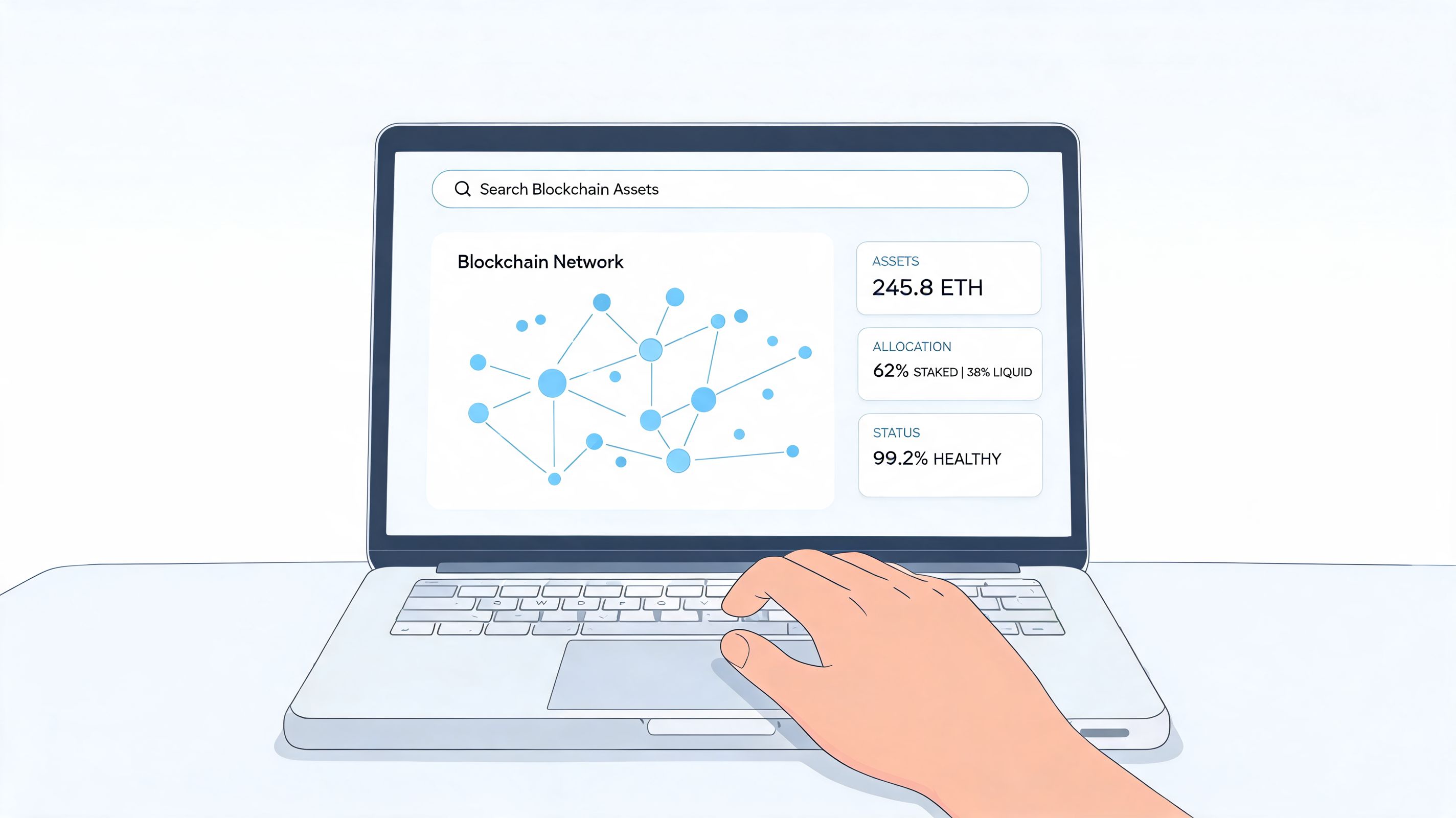 A hand using a laptop to view a blockchain network dashboard with asset allocation and status data.
