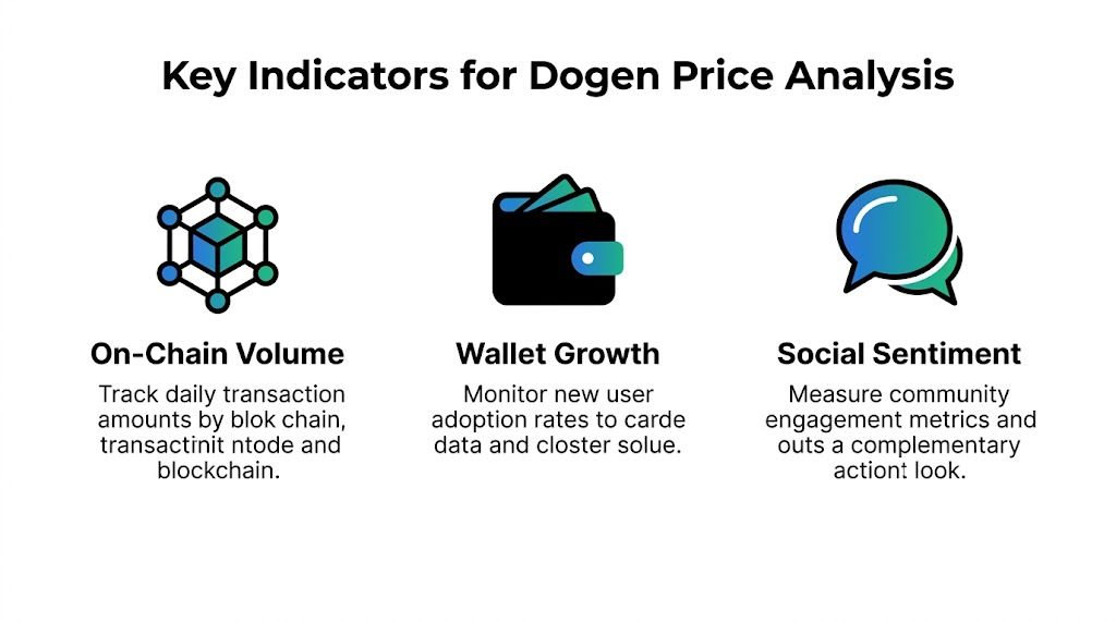 An infographic showing three key indicators for Dogen crypto price analysis including volume, wallet growth, and sentiment.