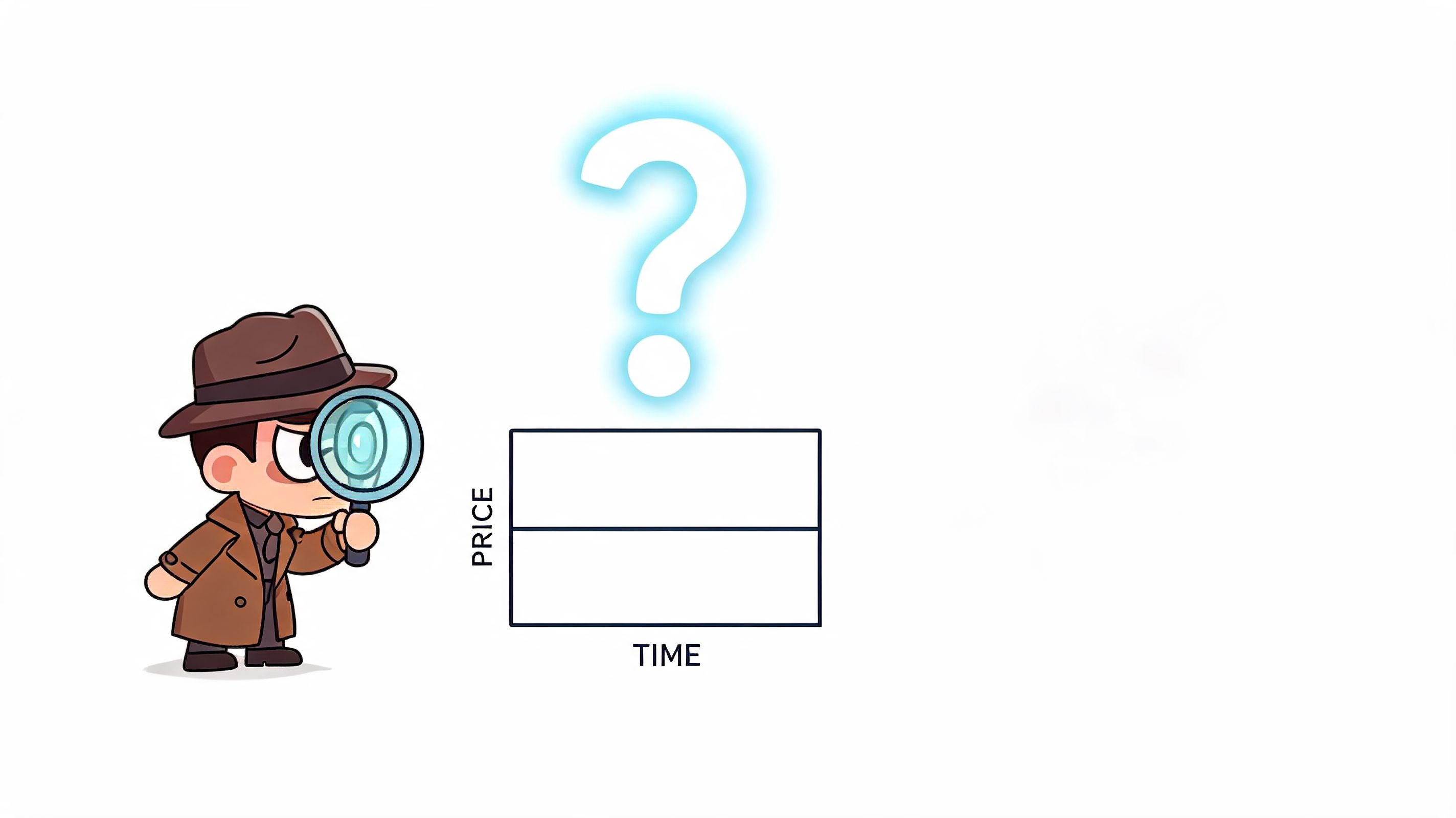 A cartoon detective looks through a magnifying glass at an empty price versus time financial graph.