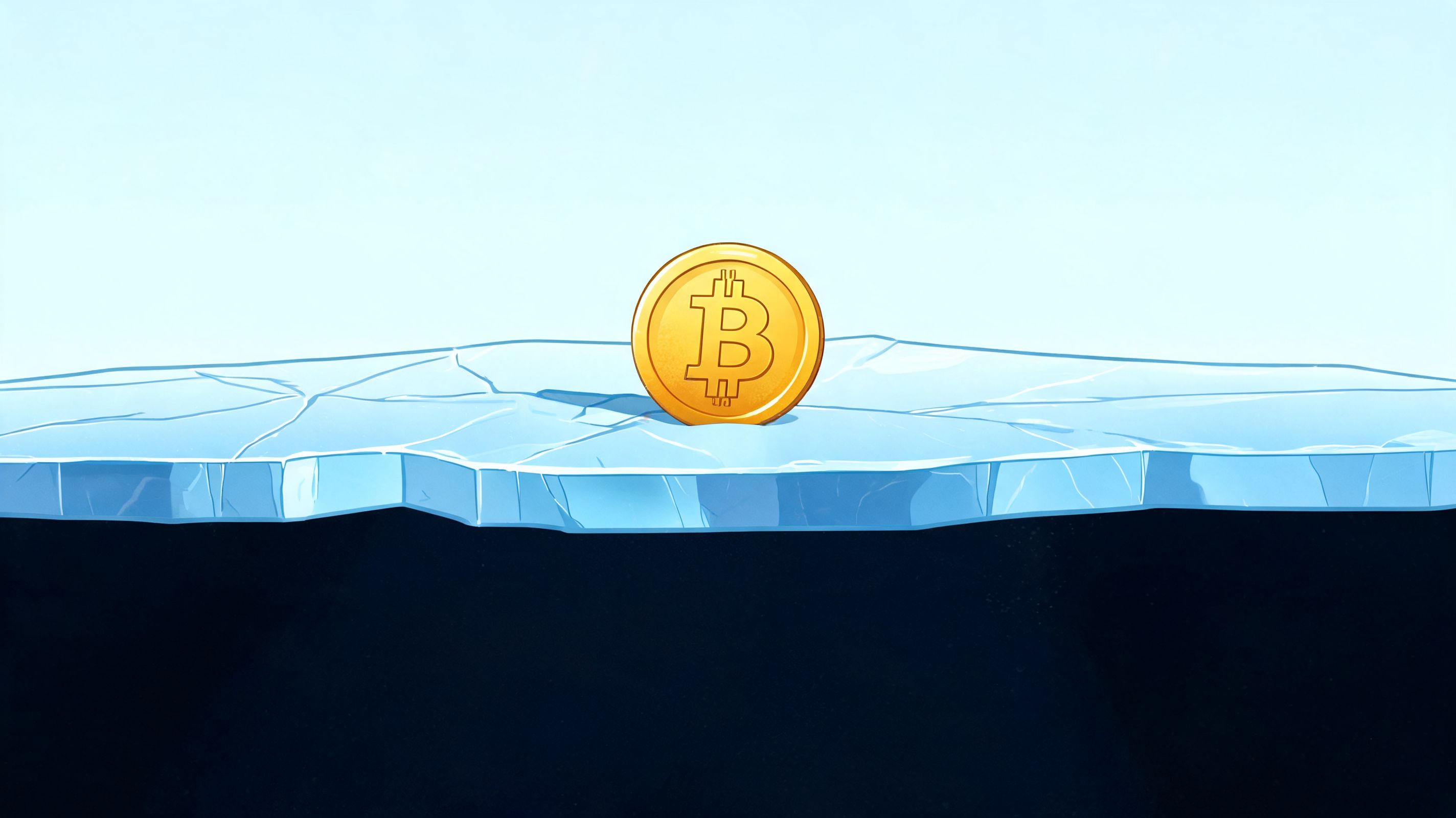 A single gold Bitcoin cryptocurrency coin resting on top of a cracked ice sheet floating on water.