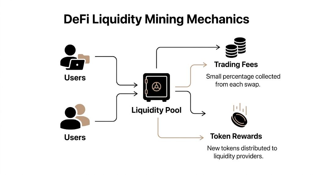 A diagram illustrating DeFi liquidity mining mechanics where users contribute to a pool to earn rewards and fees.