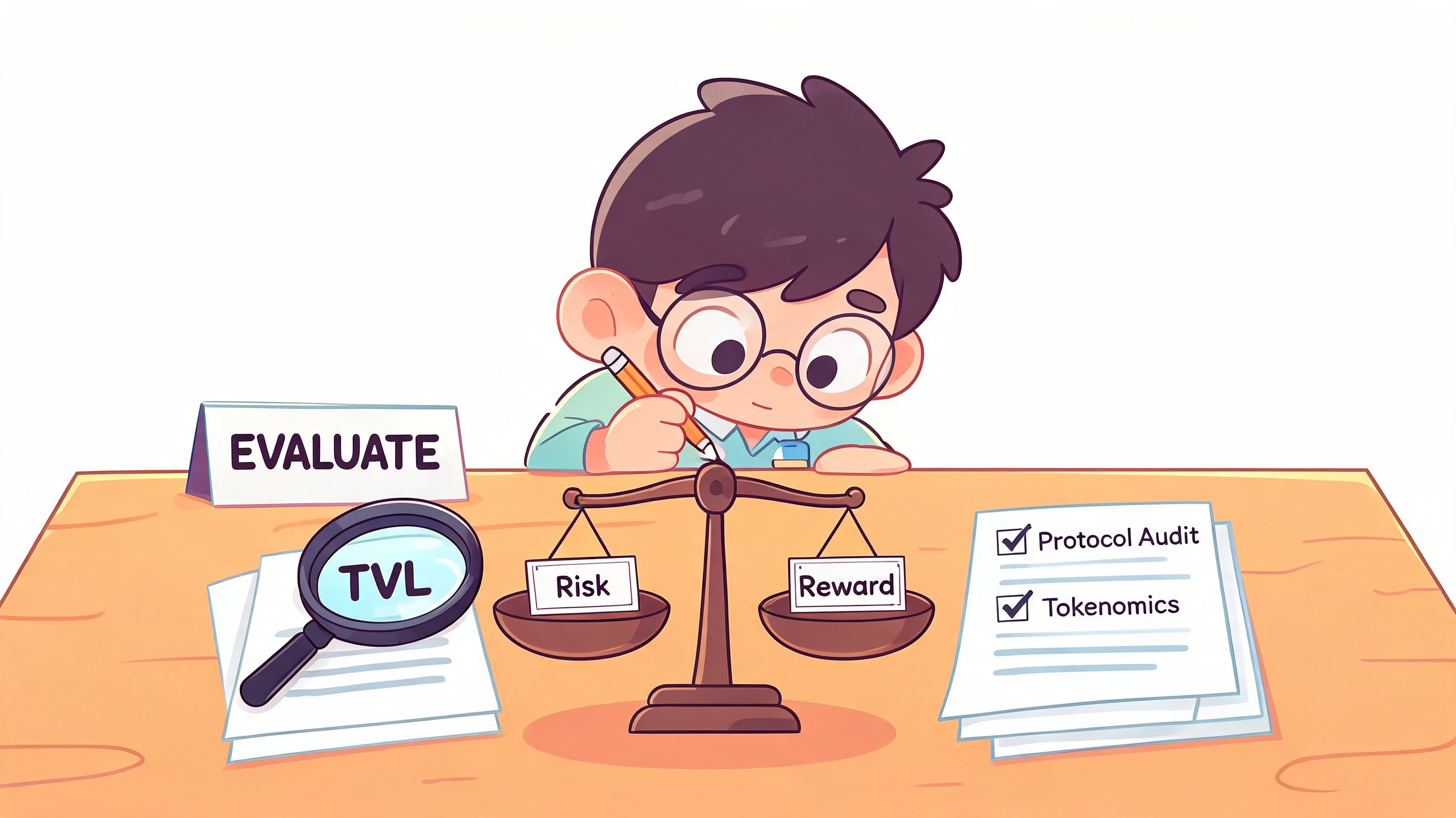 A cartoon illustration of a character evaluating DeFi investment factors using scales, a magnifying glass, and checklists.