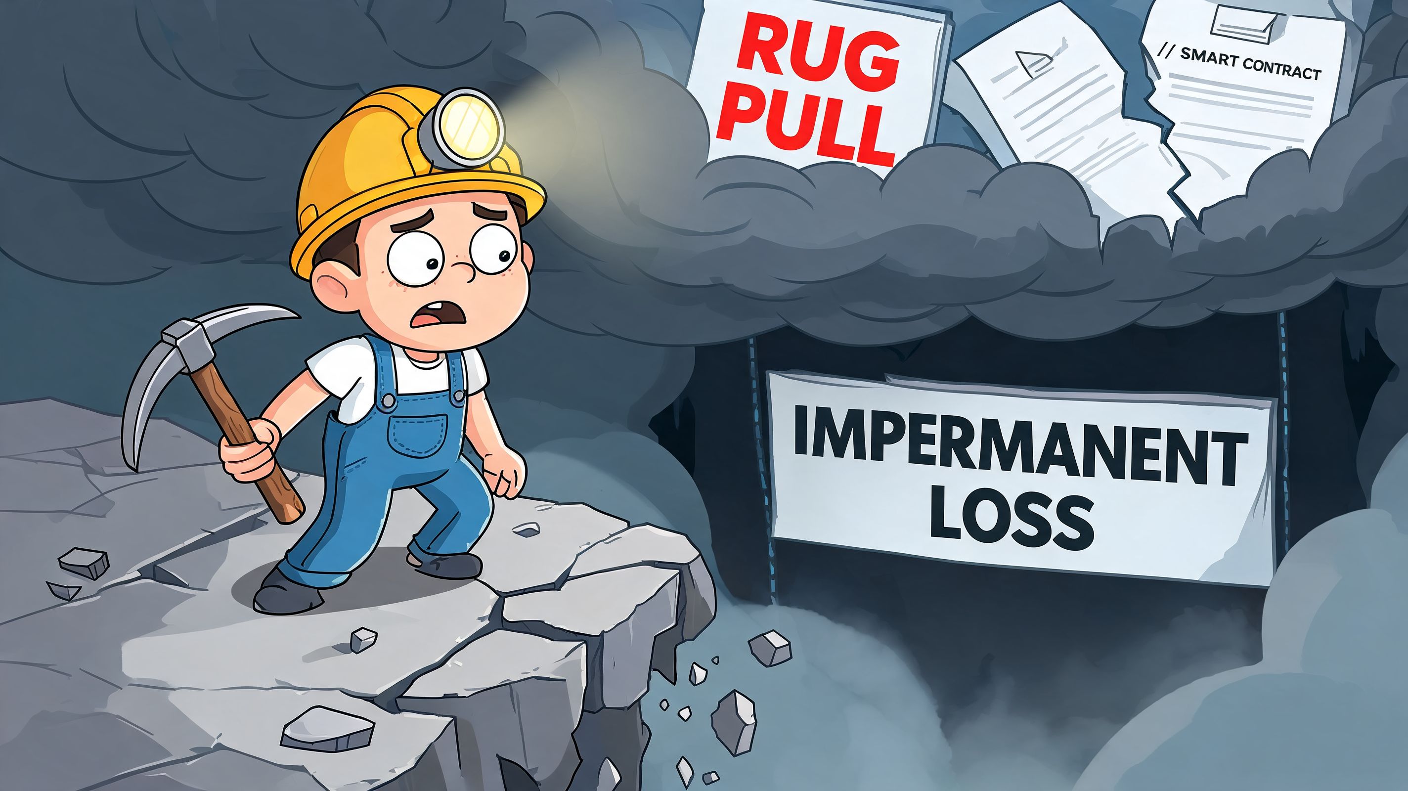 A concerned cartoon miner standing on a cliff edge labeled with the words impermanent loss.