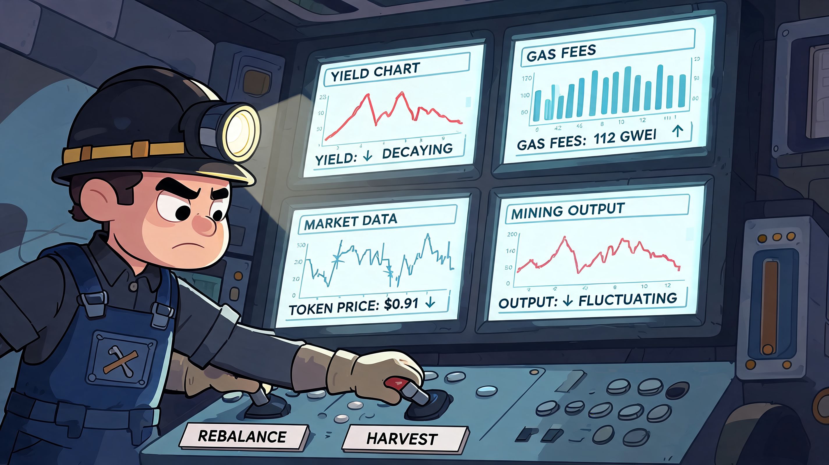 A cartoon miner operating a control panel displaying DeFi market charts, yield data, and gas fees.