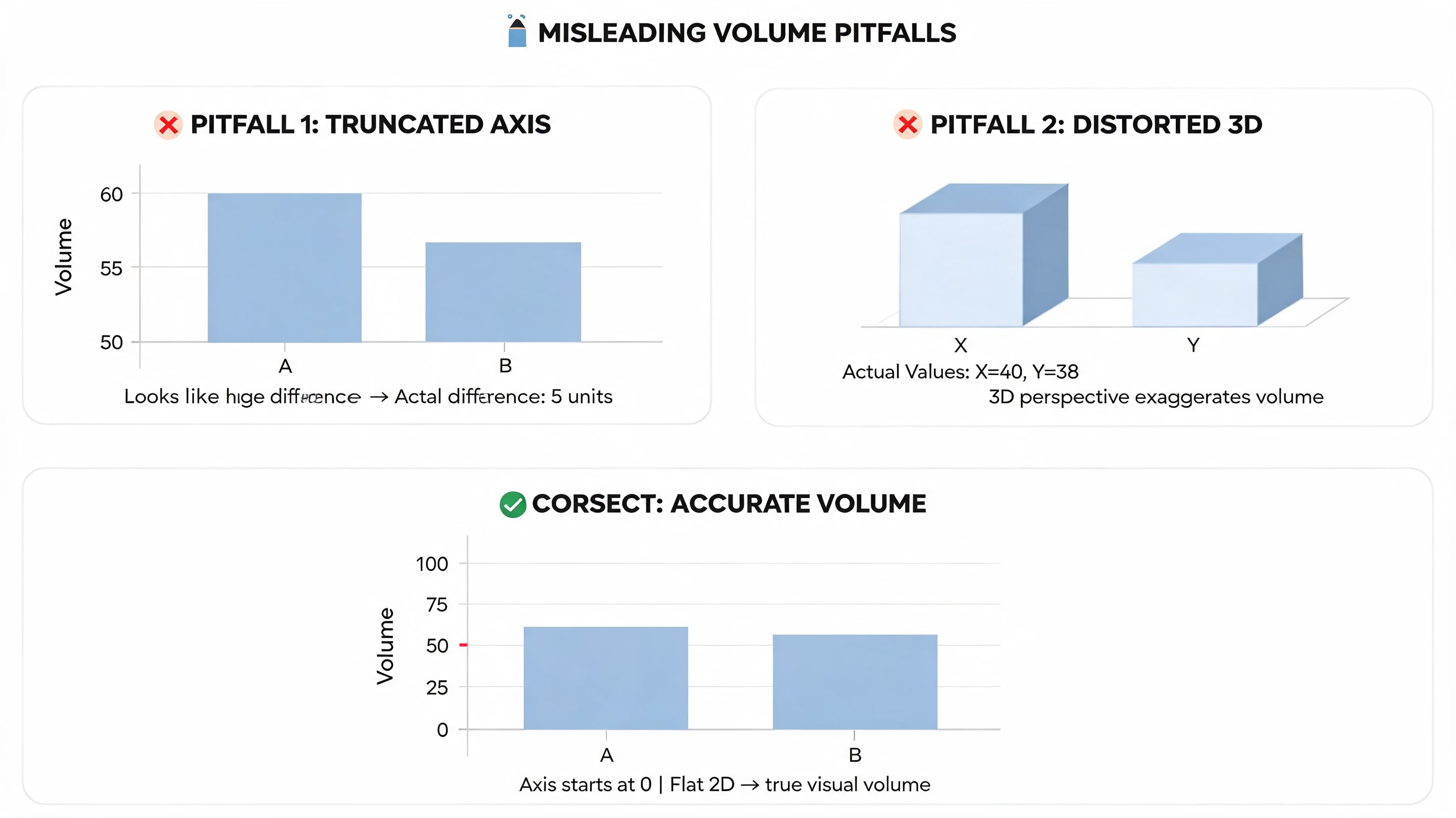 An infographic illustrating common visual pitfalls when representing trade volume data using charts and graphs.