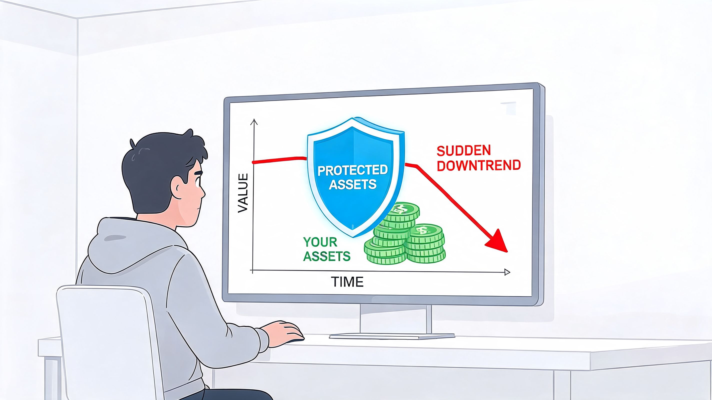 A person looking at a digital chart illustrating asset protection during a sudden market downtrend.