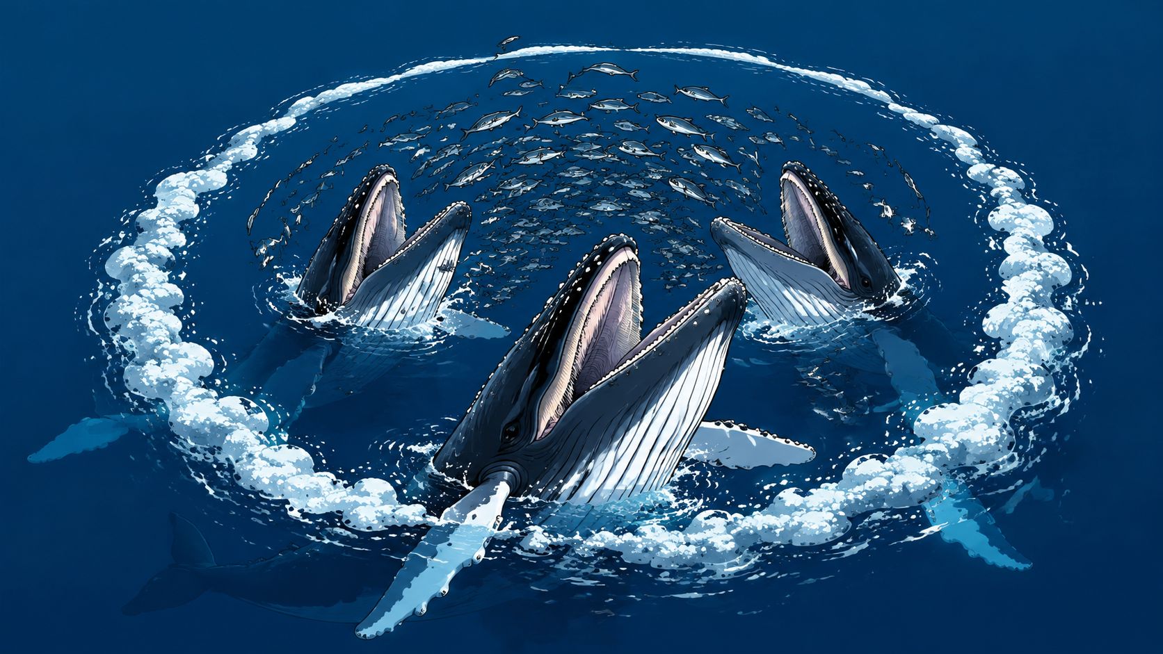 Three humpback whales surfacing with open mouths to trap a school of fish in a bubble net.