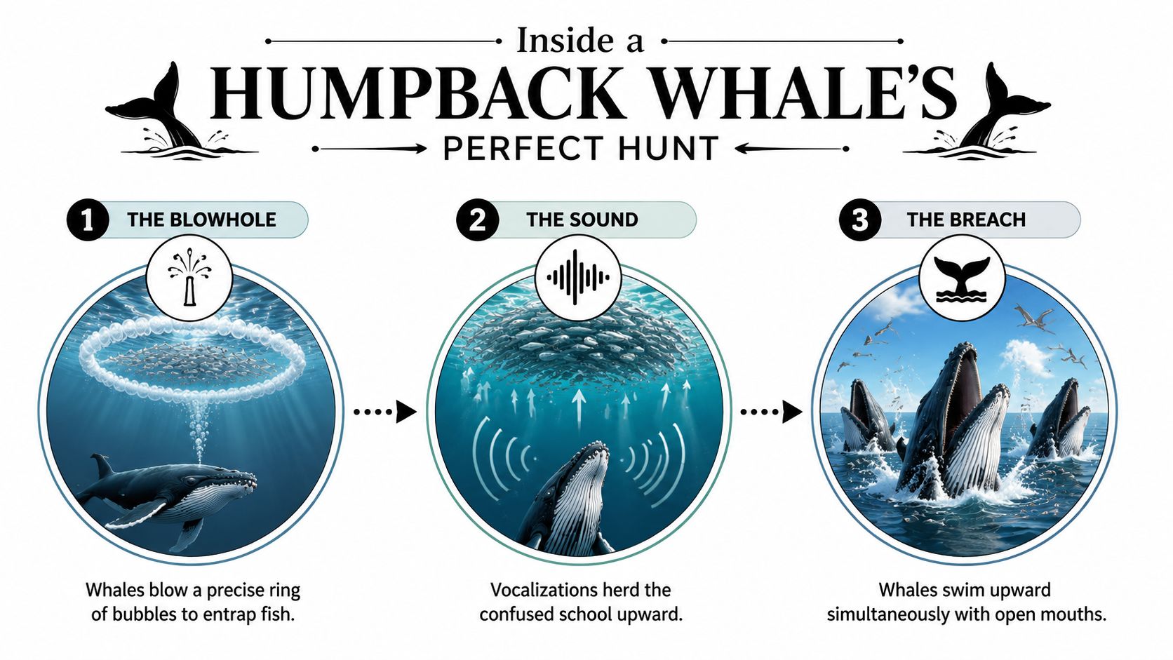A diagram illustrating the three-step bubble net hunting technique used by humpback whales to capture fish.