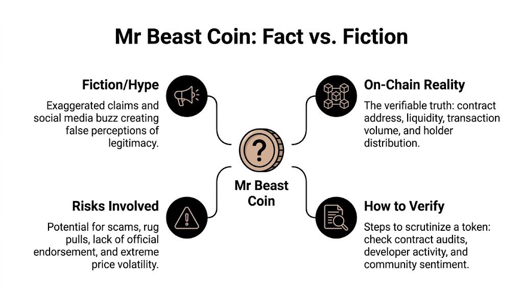 An infographic titled Mr Beast Coin: Fact vs. Fiction detailing crypto risks, verification, and on-chain reality.