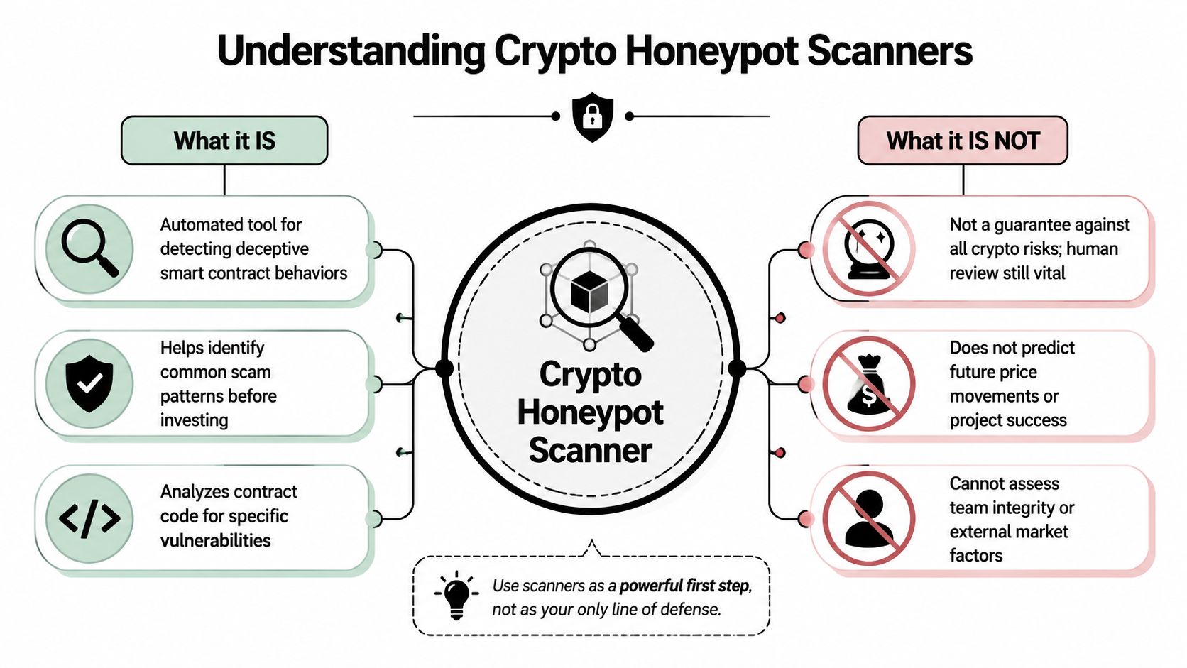 A diagram explaining what crypto honeypot scanners are, their capabilities, and their limitations for investors.