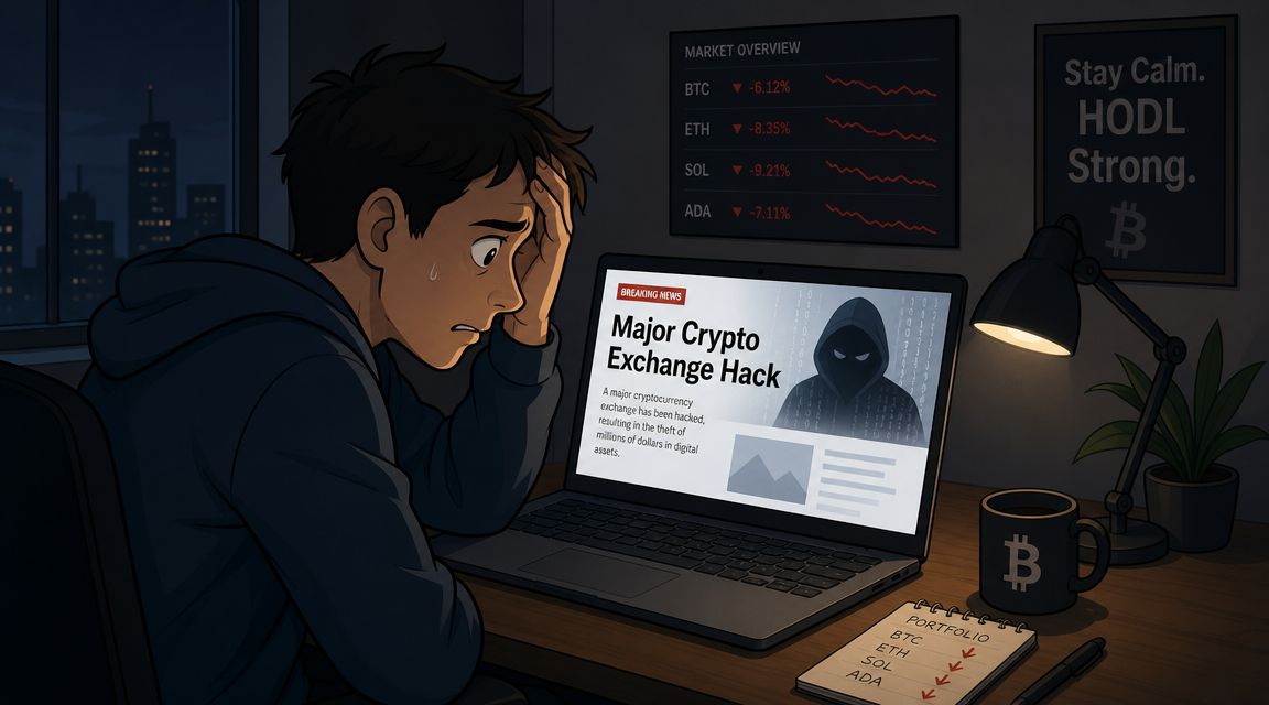 A distressed investor looks at a laptop screen showing news about a major cryptocurrency exchange hack.
