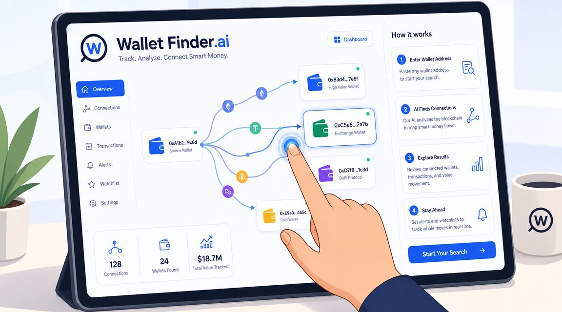 A digital tablet displaying the Wallet Finder AI interface with a hand interacting with a blockchain wallet map.