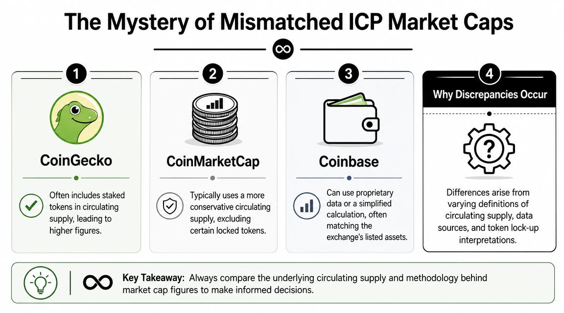 An infographic explaining why different platforms report different market capitalization figures for the ICP cryptocurrency token.