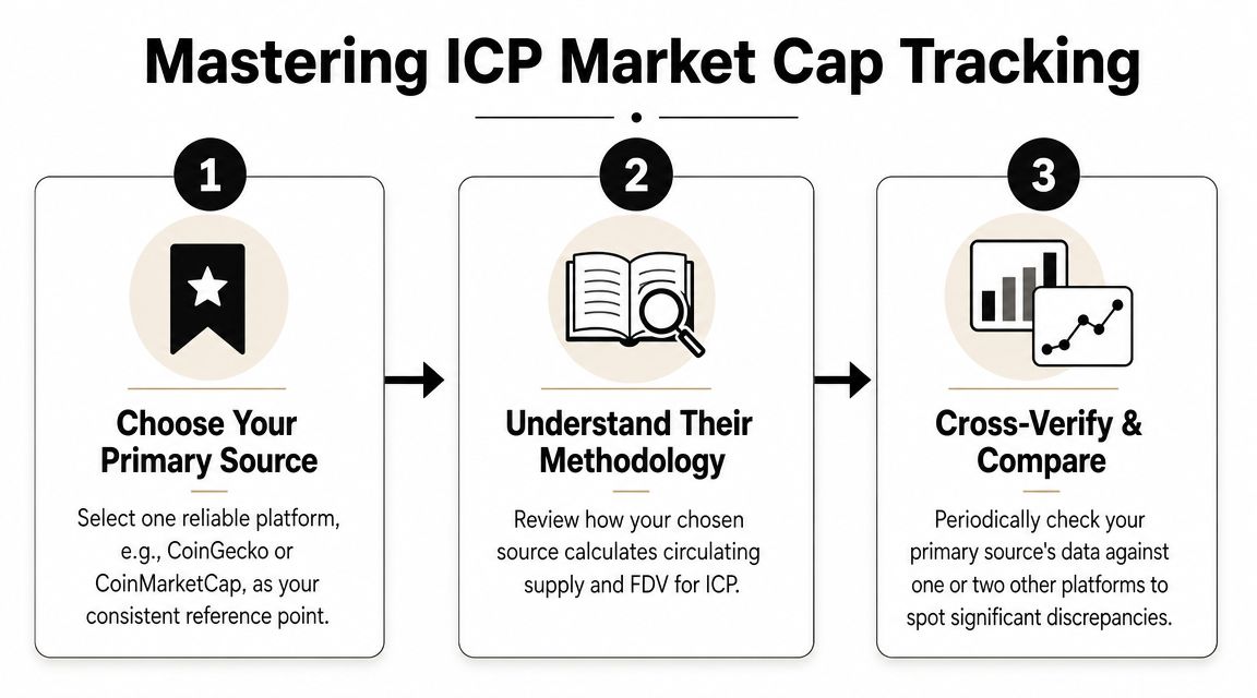 A three-step infographic on mastering ICP market cap tracking, outlining source selection, methodology review, and verification.
