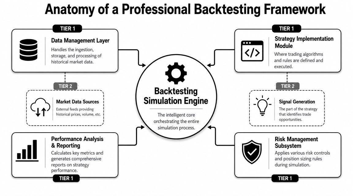 A diagram illustrating the anatomy of a professional backtesting framework, including modules, data layers, and an engine.