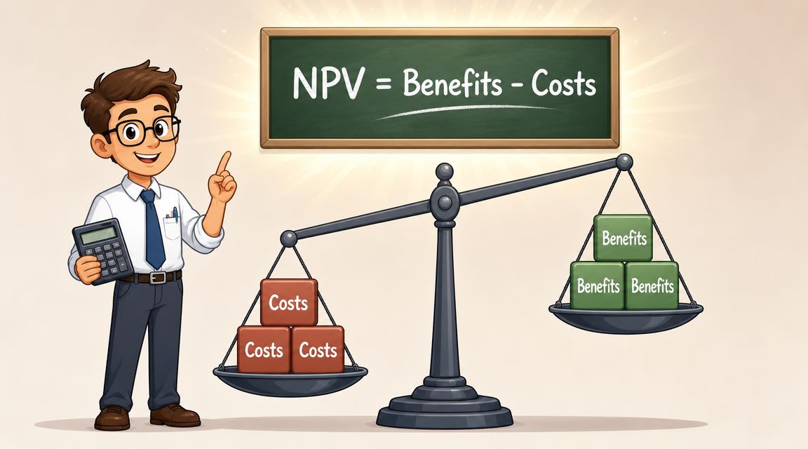 A professional man with a calculator explaining the concept of Net Present Value with a balance scale.