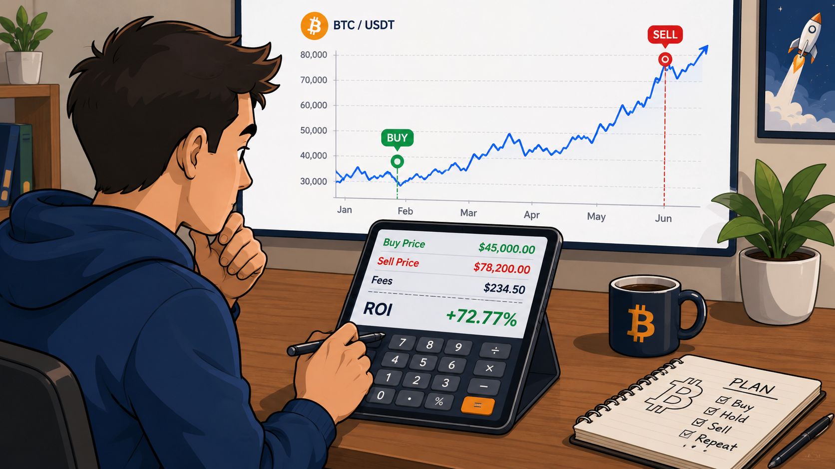 A young man analyzing a Bitcoin price chart on a tablet screen showing ROI calculations.