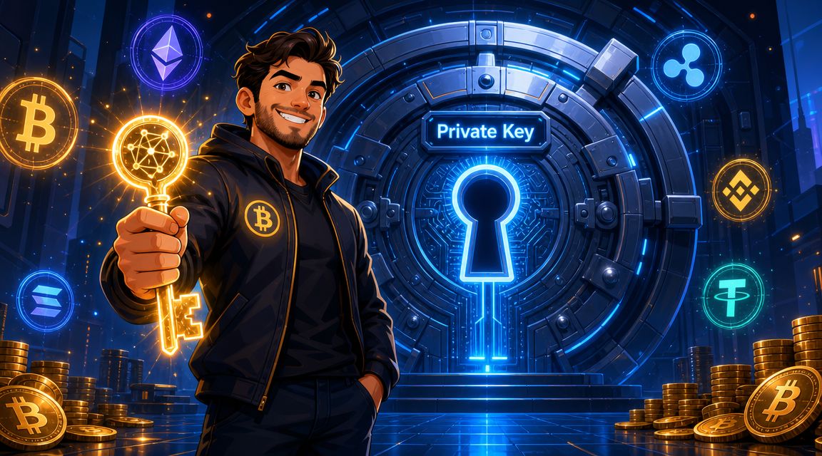 A man holding a glowing key in front of a digital vault labeled Private Key representing cryptocurrency security.