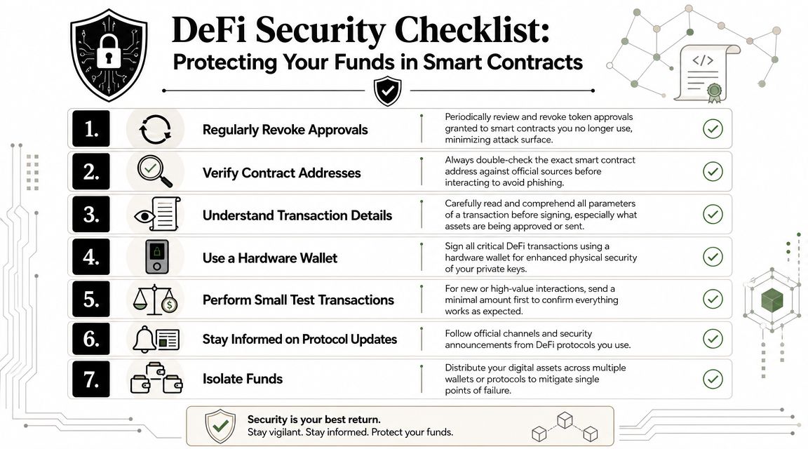 An infographic titled DeFi Security Checklist illustrating seven essential steps for protecting funds in smart contracts.
