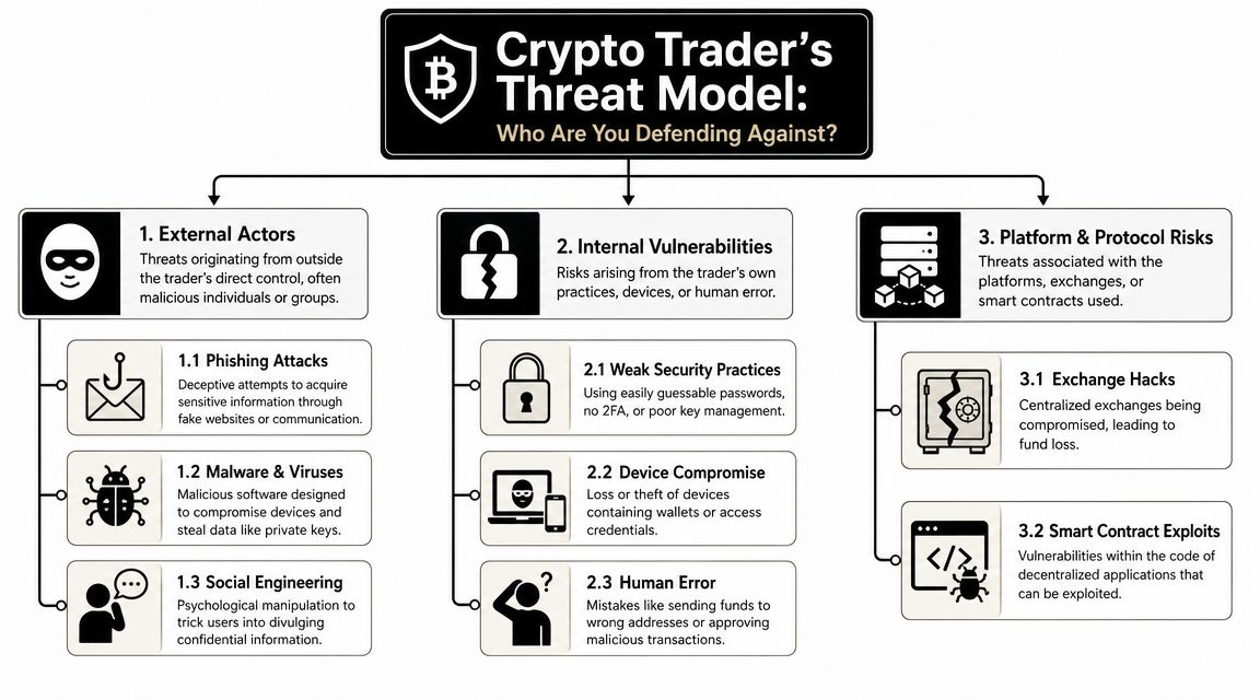 A diagram illustrating a crypto trader's threat model, categorizing security risks into external actors, internal vulnerabilities, and protocol risks.