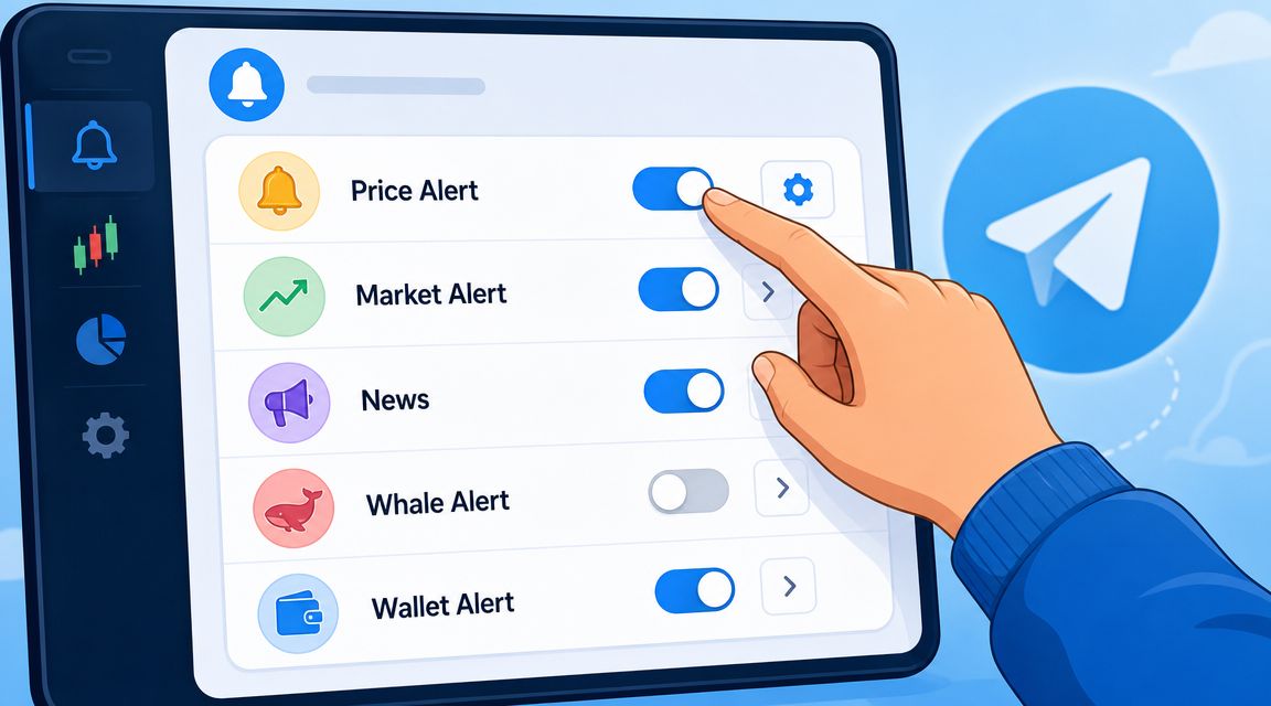 A hand toggles notification settings for crypto alerts on a tablet interface with a Telegram logo background.