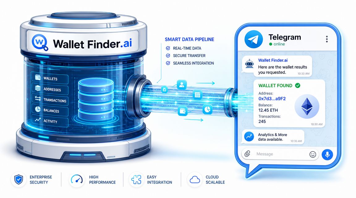 A digital graphic showing Wallet Finder AI processing crypto data and sending wallet alerts via a Telegram bot.