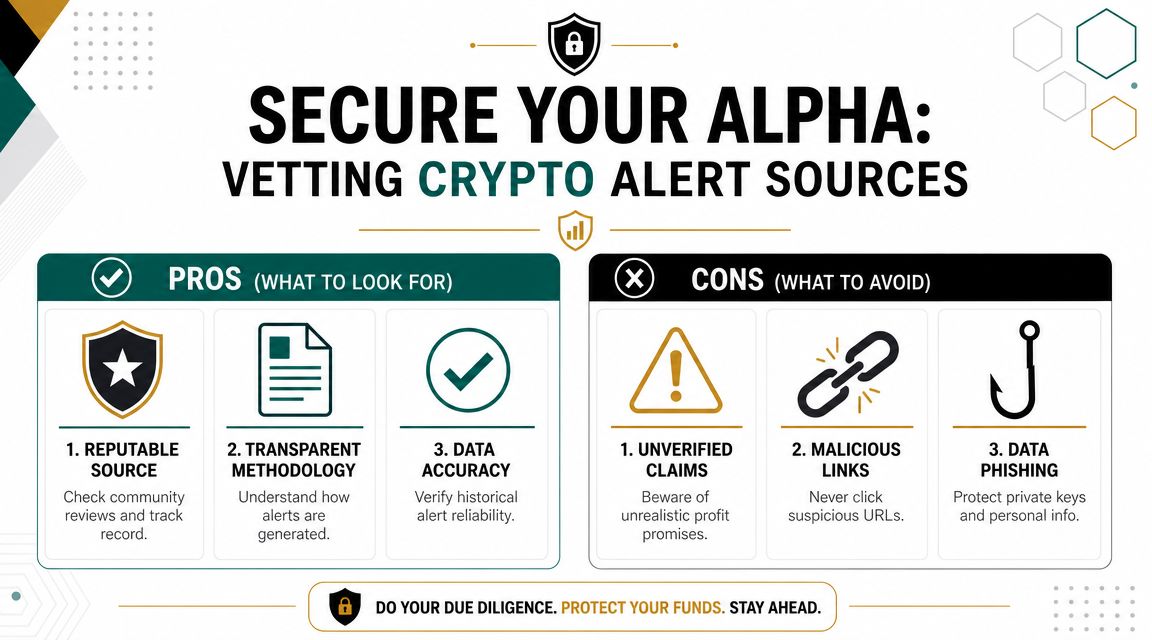 An infographic detailing pros and cons for vetting crypto alert sources, emphasizing security and due diligence.